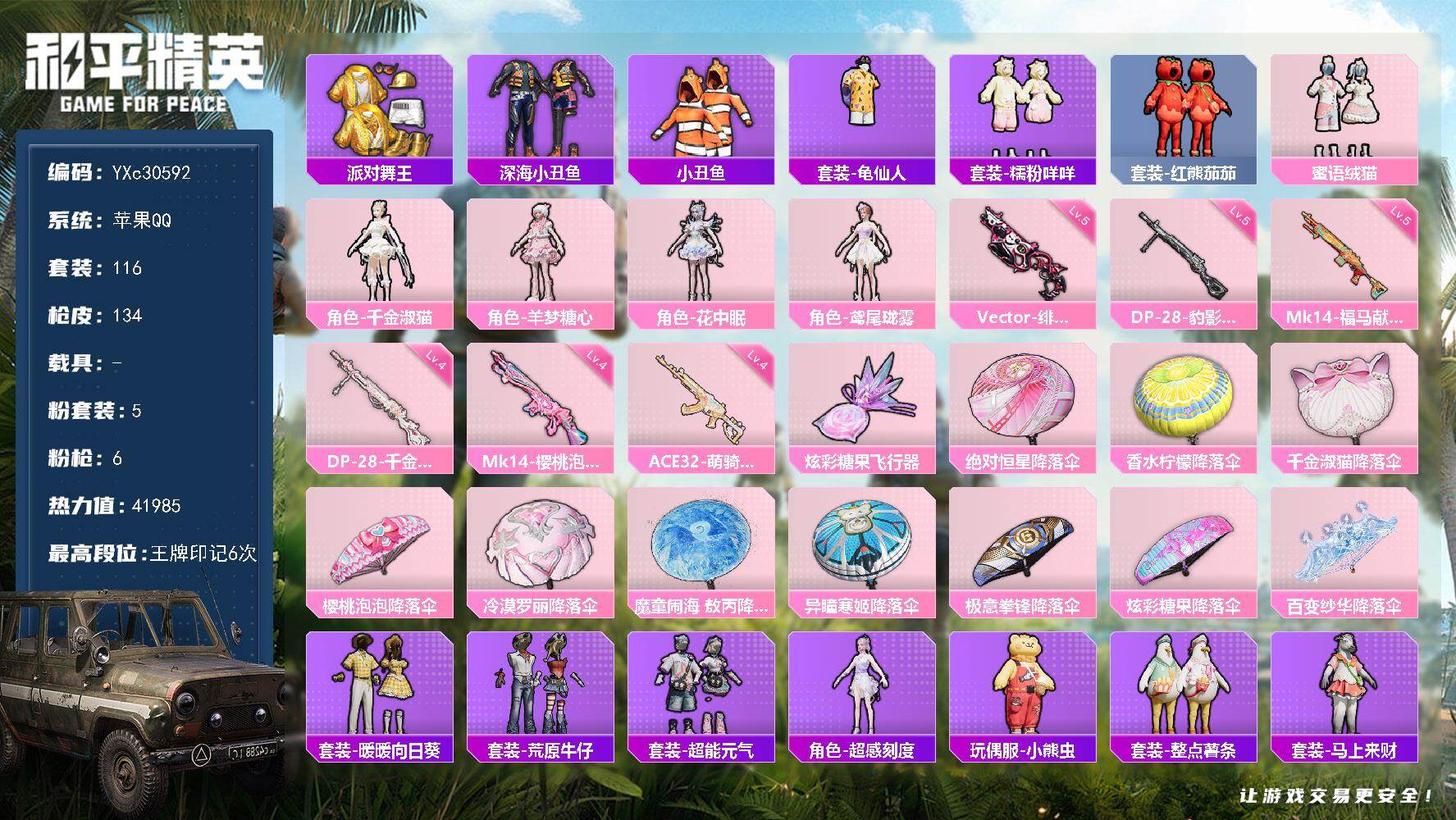 和平精英账号苹果QQ【金鞋 花中眠 小丑鱼 番茄 咩咩 兔兔 满地铁天赋】YXc30592-【无二次协助处理】【因赛季更新游戏段付以上号为准!】
 苹果Q-3稀有5粉装6特效枪13热门116套装134枪皮 6印记 历史传