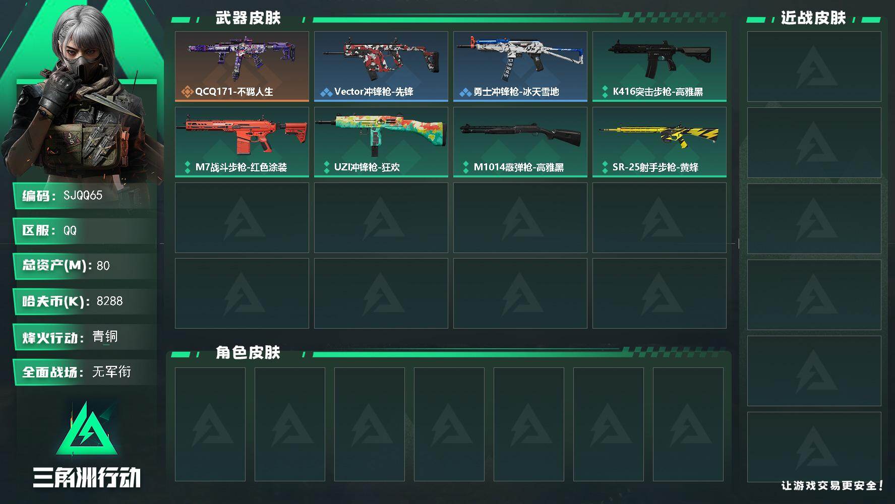 三角洲行动账号QQ【SJQQ65】总资产80M/哈夫币828万/传说枪皮数1/战场等级1/行动等级44/安全箱等时效性道具以游戏内数据为准，详情请看图/QCQ171冲锋枪-不羁人生/Vector冲锋枪-先锋/勇士冲锋