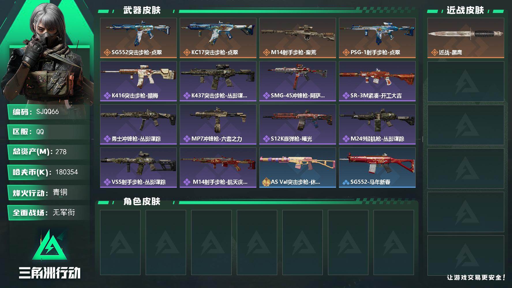 三角洲行动账号QQ【SJQQ66】总资产278M/哈夫币18035万/传说枪皮数4/战场等级1/行动等级60/安全箱等时效性道具以游戏内数据为准，详情请看图/近战-黑鹰/SG552突击步枪-点翠/KC17突击步枪-点