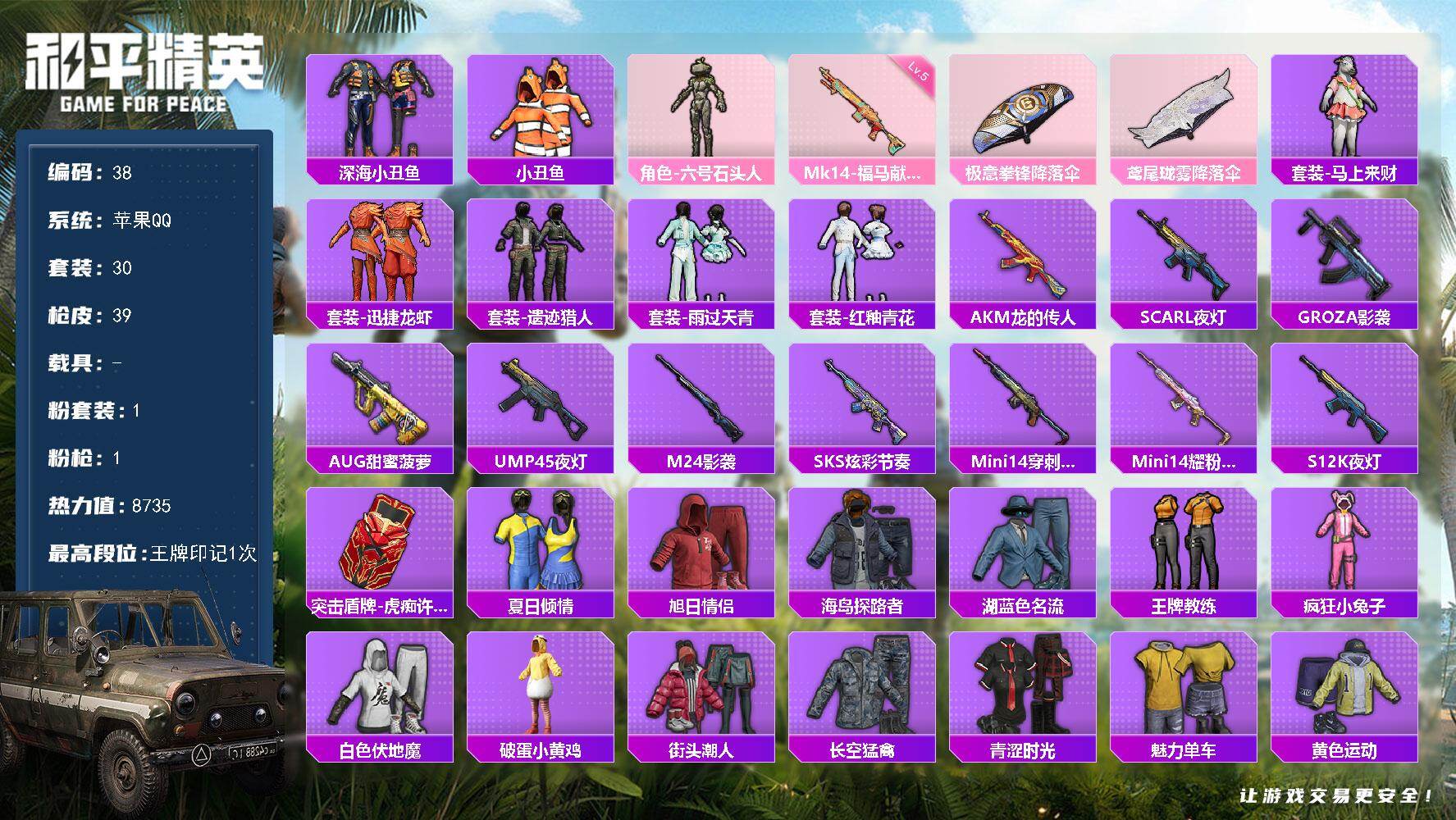 和平精英账号苹果QQ0载具-30套装-39枪皮-苹果 手Q-1粉装-1特效枪-0载具-0粉色飞行器-8735热力值-1王牌印记-30套装-39枪皮
【热门品类】：套装-深海小丑鱼，套装-小丑鱼
【粉色套装】：角色-六号石