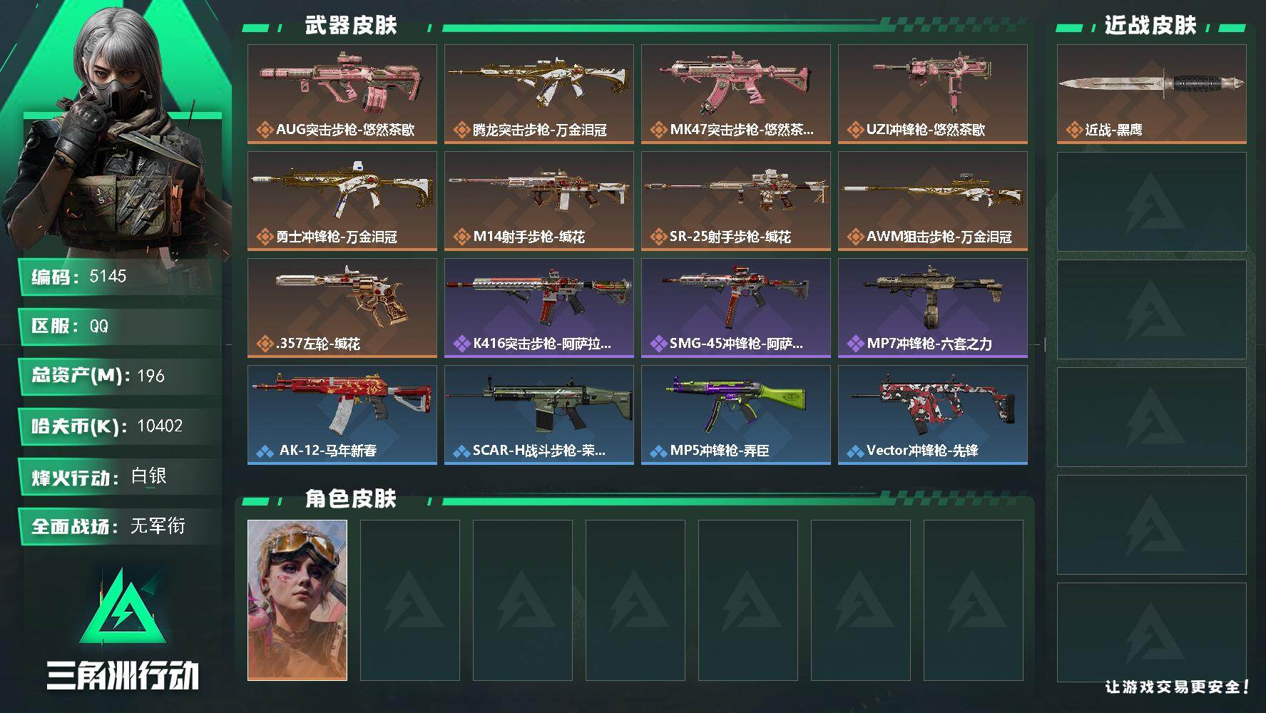 三角洲行动账号QQPX_2578946-196m总资产-10402k哈夫币-60烽火等级-白银-1战场等级-无军衔
【干员外观】：蛊-不羁人生
【近战皮肤】：近战-黑鹰
【传说外观】：AUG突击步枪-悠然茶歇