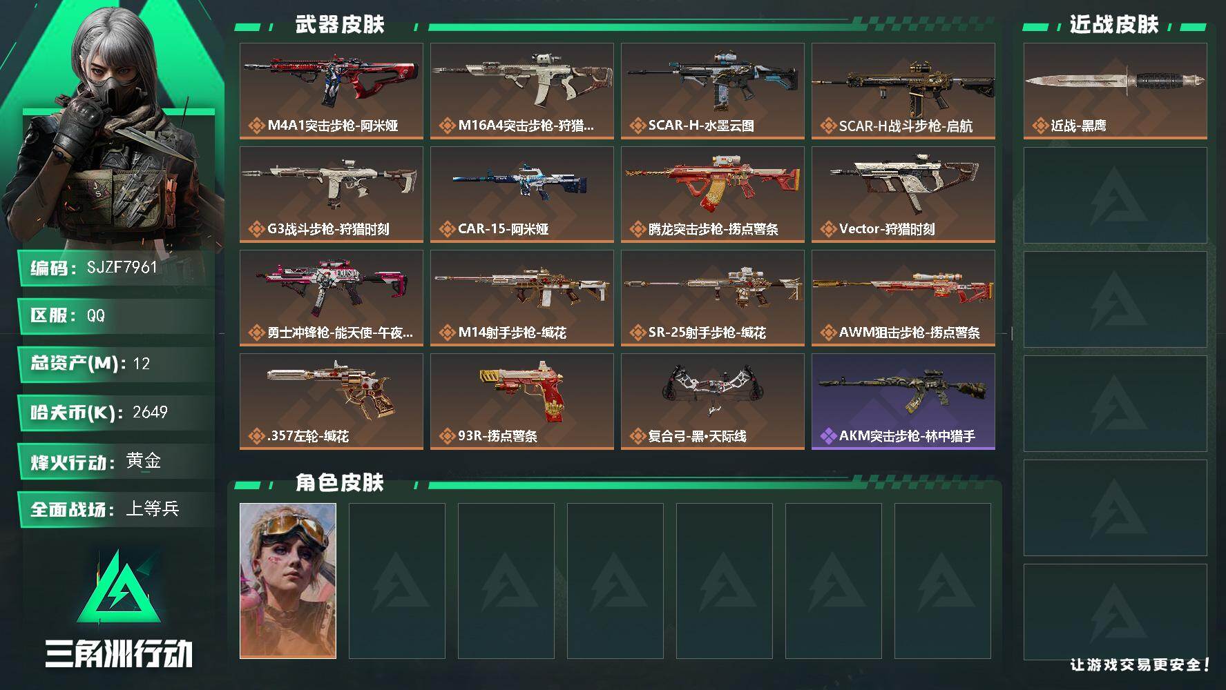 三角洲行动账号QQ【SJZF7961】总资产12M/哈夫币264万/传说枪皮数15/战场等级50/行动等级60/安全箱等时效性道具以游戏内数据为准，详情请看图/蛊-不羁人生/近战-黑鹰/M4A1突击步枪-阿米娅/M1