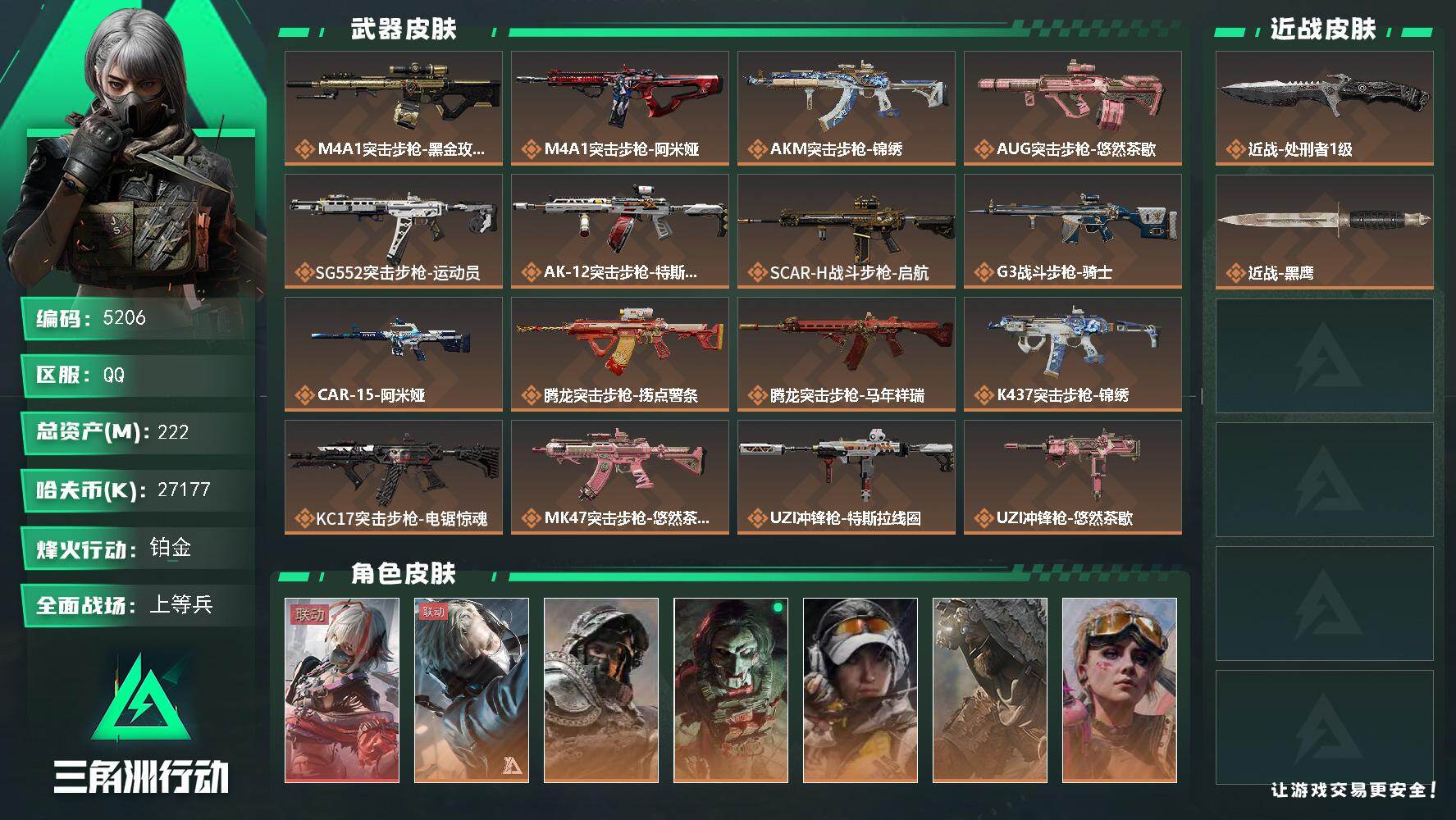 三角洲行动账号QQPX_2579393-222m总资产-27177k哈夫币-60烽火等级-铂金-31战场等级-上等兵
【干员外观】：骇爪-维什戴尔，蜂医-送葬人·无题密令，深蓝-不破誓约，红狼-电锯惊魂，露娜