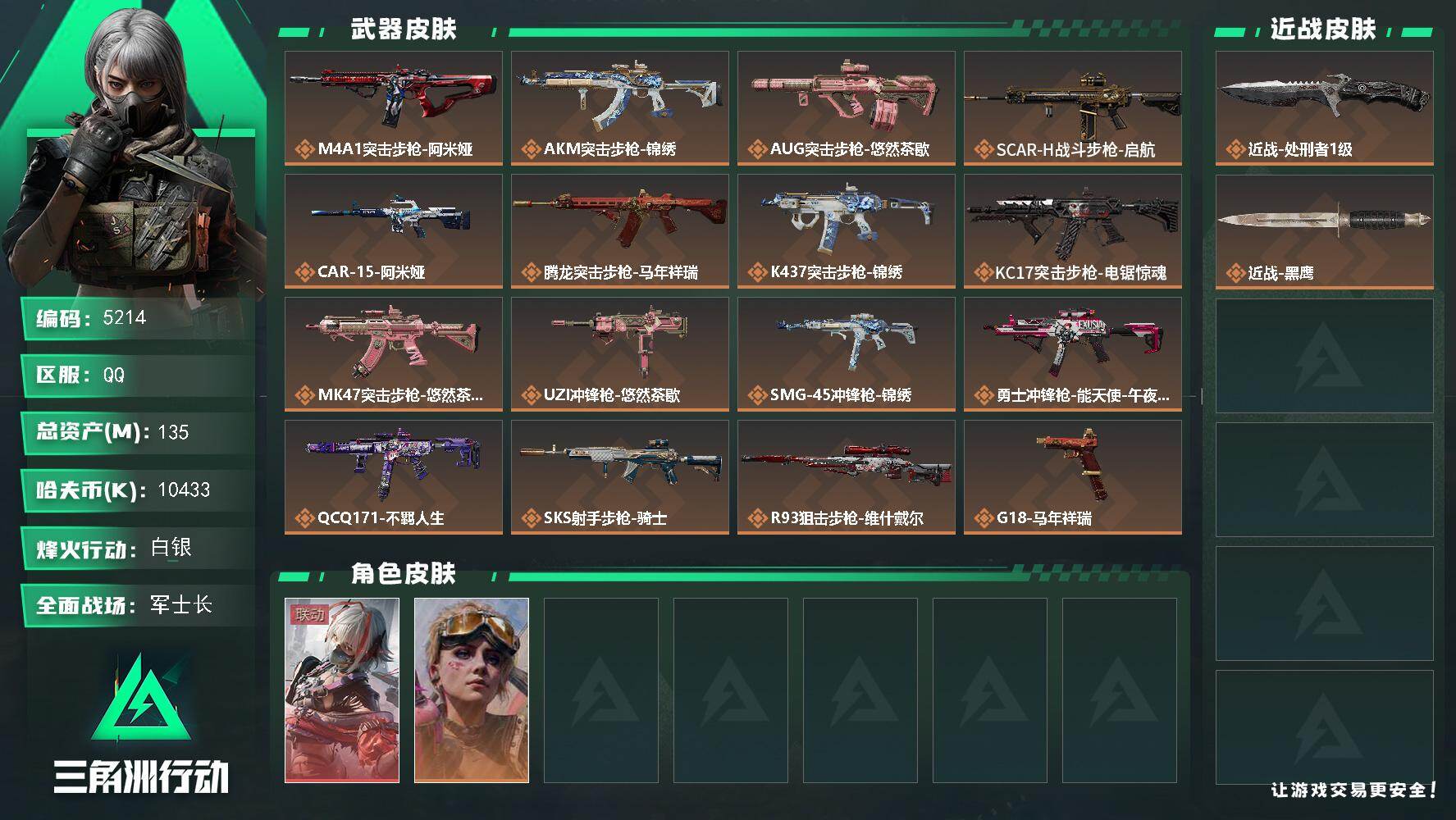 三角洲行动账号QQPX_2579460-135m总资产-10433k哈夫币-60烽火等级-白银-39战场等级-军士长
【干员外观】：骇爪-维什戴尔，蛊-不羁人生
【近战皮肤】：近战-处刑者1级，近战-黑鹰
【