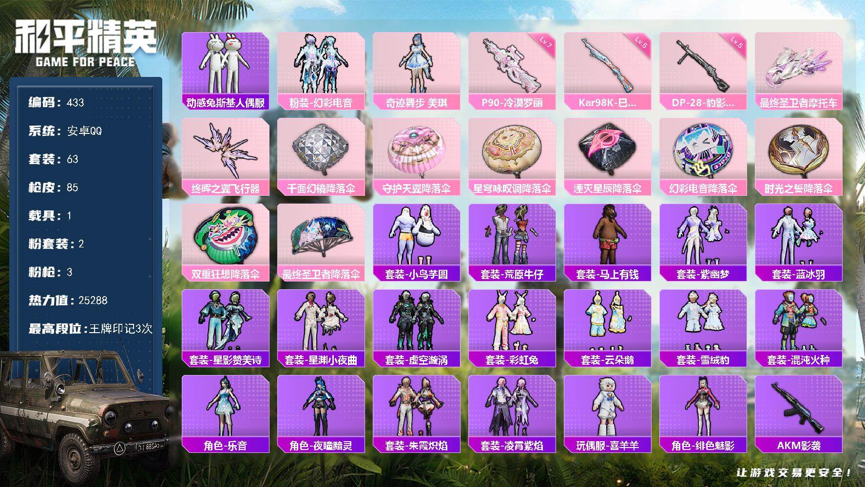 和平精英账号安卓QQ1载具-63套装-85枪皮-A1656安卓 手Q-2粉装-3特效枪-1载具-1粉色飞行器-25288热力值-3王牌印记-63套装-85枪皮
【热门品类】：套装-动感兔斯基人偶服
【粉色套装】：粉装-幻