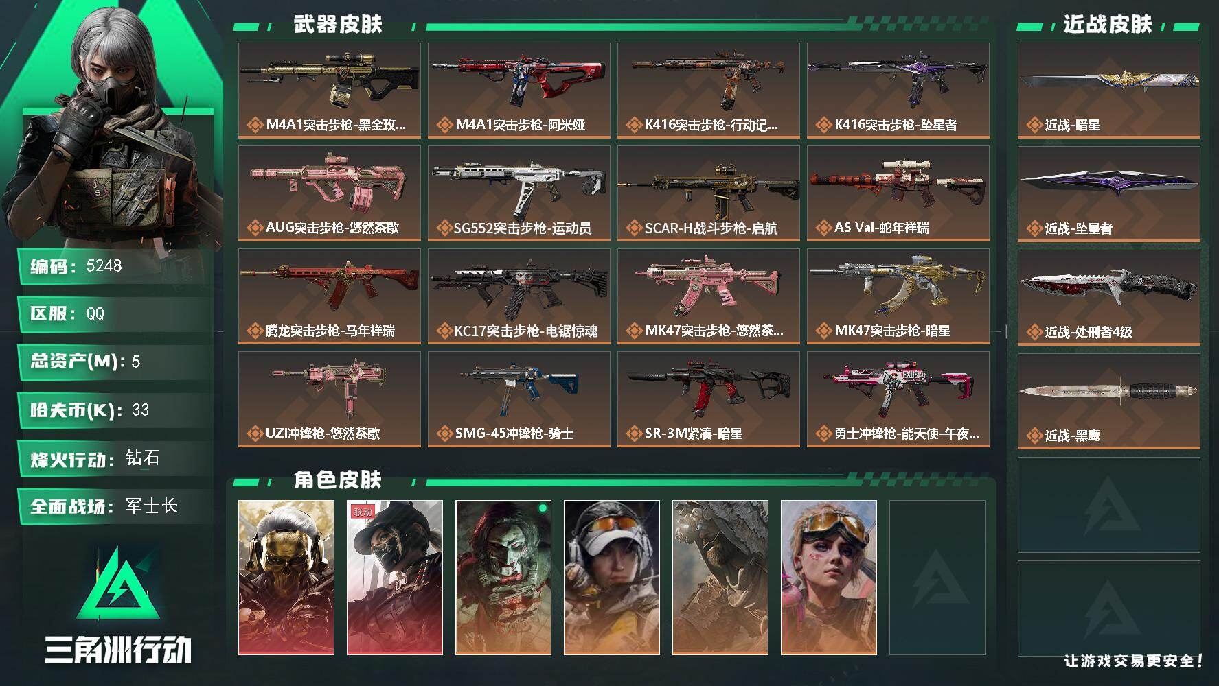 三角洲行动账号QQPX_2579977-5m总资产-33k哈夫币-60烽火等级-钻石-50战场等级-军士长
【干员外观】：红狼-蚀金玫瑰，露娜-黑·天际线，红狼-电锯惊魂，露娜-金牌射手，乌鲁鲁-荒原猎手，蛊