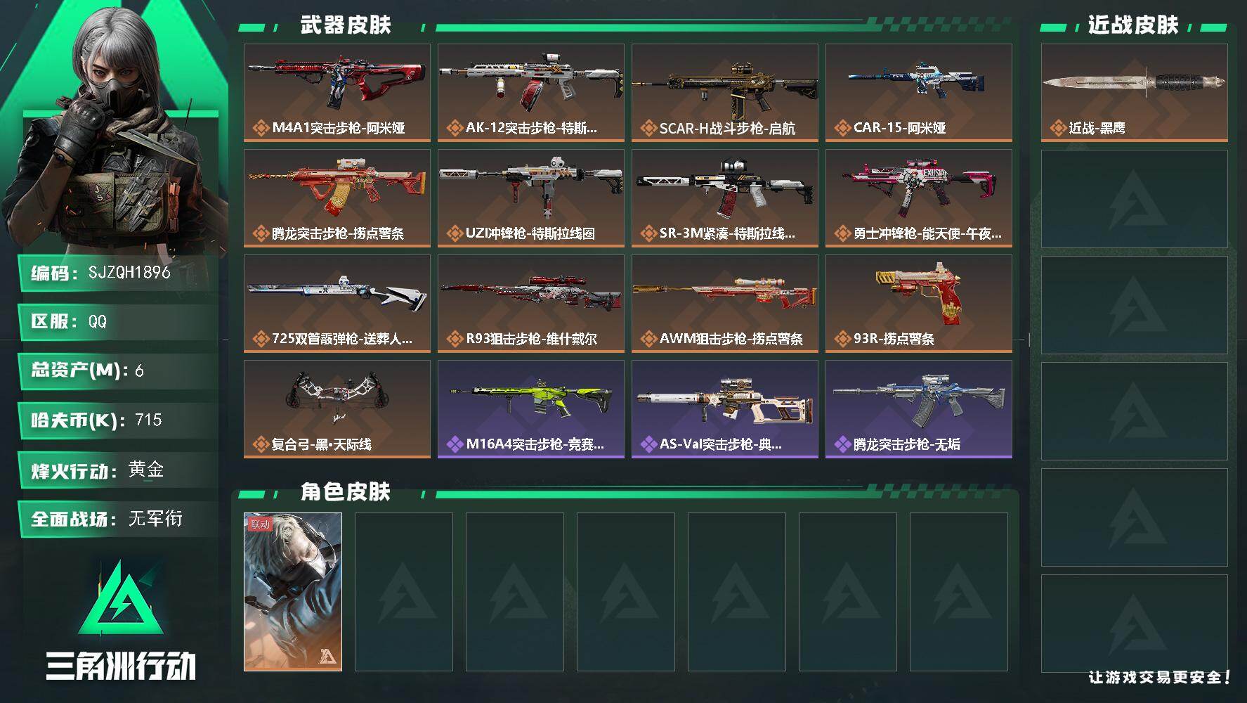 三角洲行动账号QQ【SJZQH1896】总资产6M/哈夫币71万/传说枪皮数13/战场等级1/行动等级60/安全箱等时效性道具以游戏内数据为准，详情请看图/蜂医-送葬人·无题密令/近战-黑鹰/M4A1突击步枪-阿米娅
