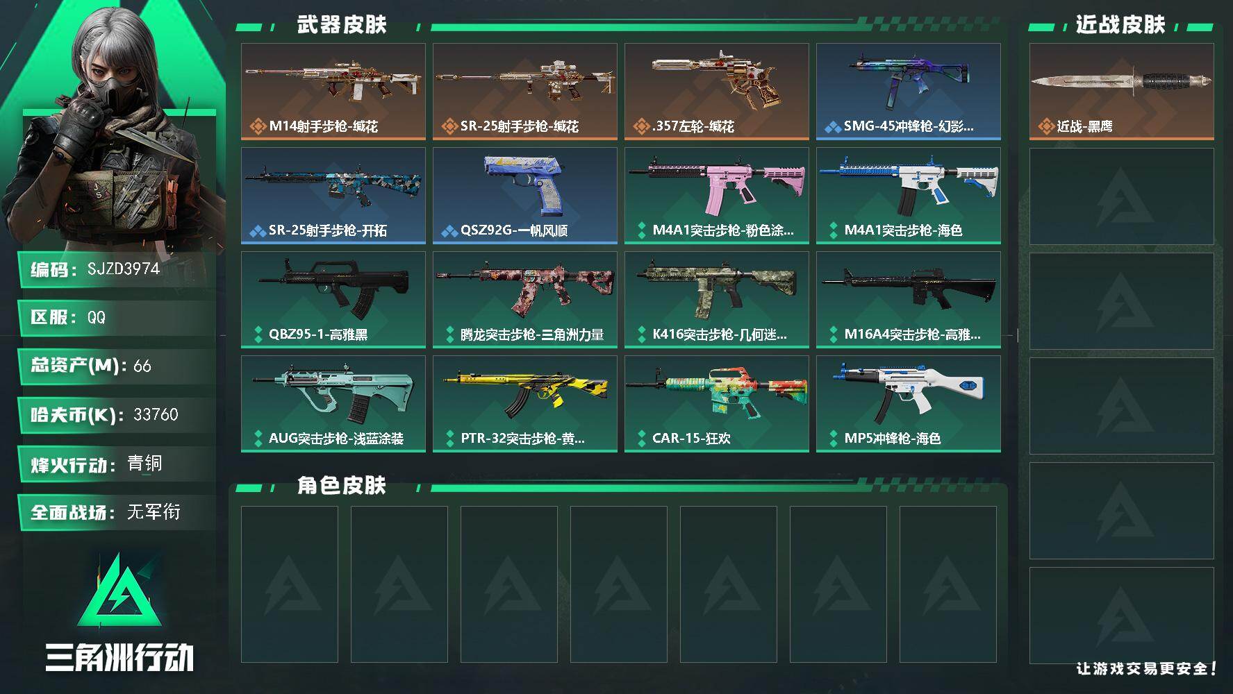 三角洲行动账号QQ【SJZD3974】总资产66M/哈夫币3376万/传说枪皮数3/战场等级5/行动等级42/安全箱等时效性道具以游戏内数据为准，详情请看图/近战-黑鹰/M14射手步枪-缄花/SR-25射手步枪-缄花