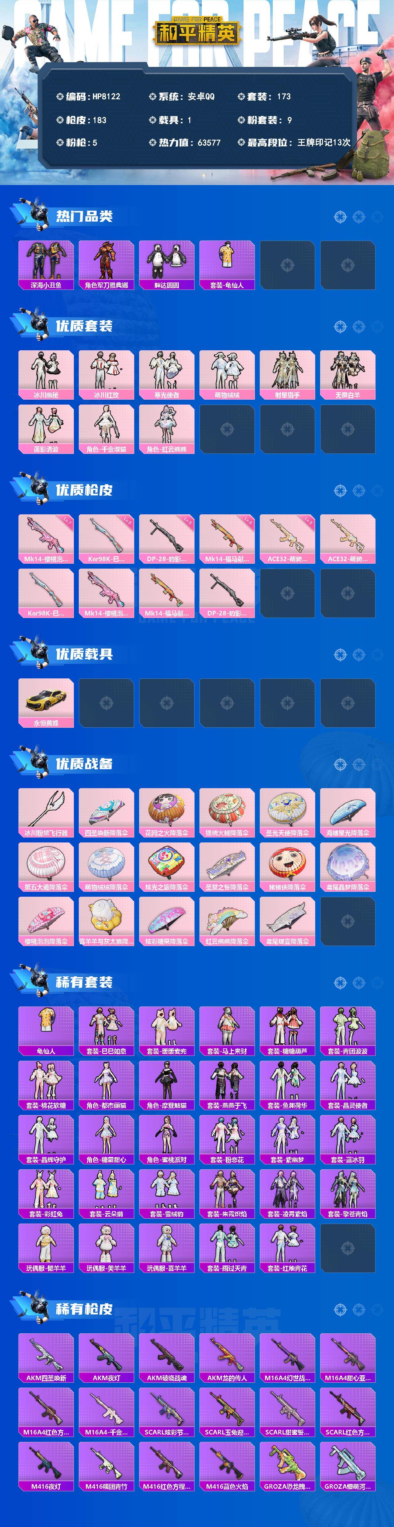 和平精英账号安卓QQ1载具-173套装-183枪皮-公主号-深海小丑鱼/角色军刀雅典娜/胖达圆圆/龟仙人/冰川幽秘/冰川红玫/寒光使者/萌物绒绒/射星猎手/无畏白羊/莲影清波/千金淑猫/虹云熊熊/ACE32萌骑漫游(五级
