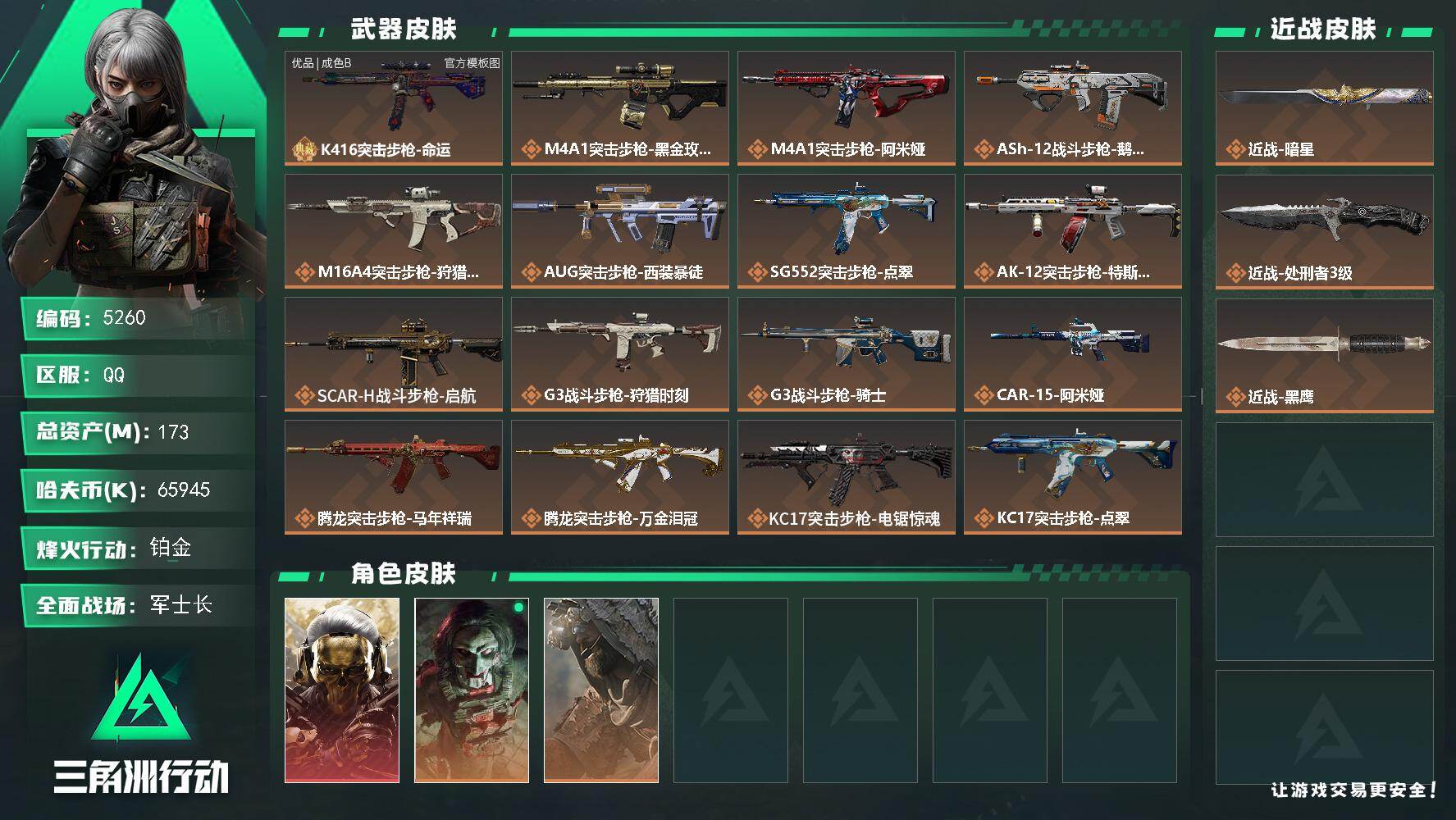 三角洲行动账号QQPX_2580611-173m总资产-65945k哈夫币-60烽火等级-铂金-50战场等级-军士长
【干员外观】：红狼-蚀金玫瑰，红狼-电锯惊魂，乌鲁鲁-荒原猎手
【近战皮肤】：近战-暗星，