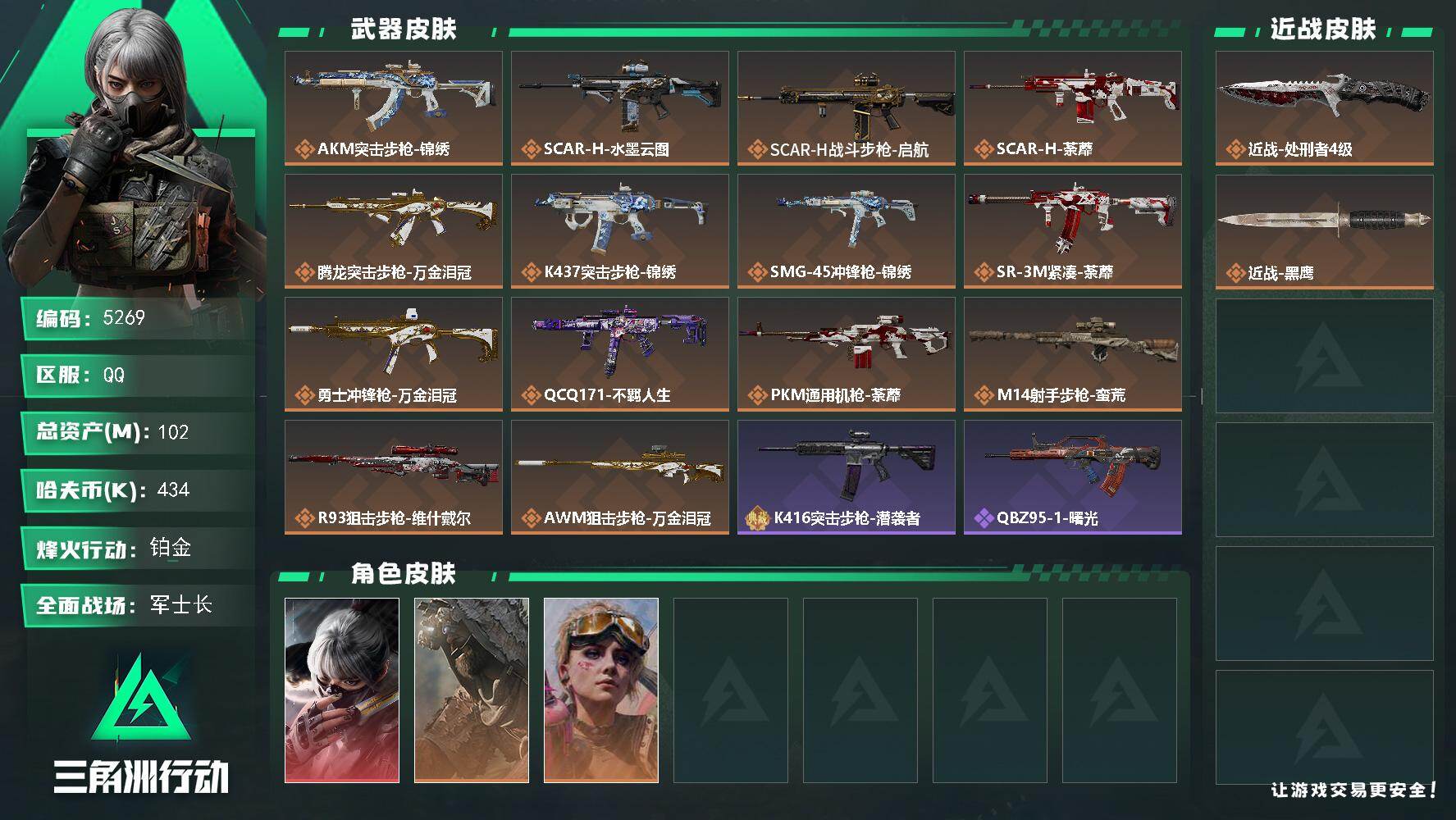 三角洲行动账号QQPX_2580654-102m总资产-434k哈夫币-60烽火等级-铂金-50战场等级-军士长
【干员外观】：骇爪-水墨云图，乌鲁鲁-荒原猎手，蛊-不羁人生
【近战皮肤】：近战-处刑者4级，