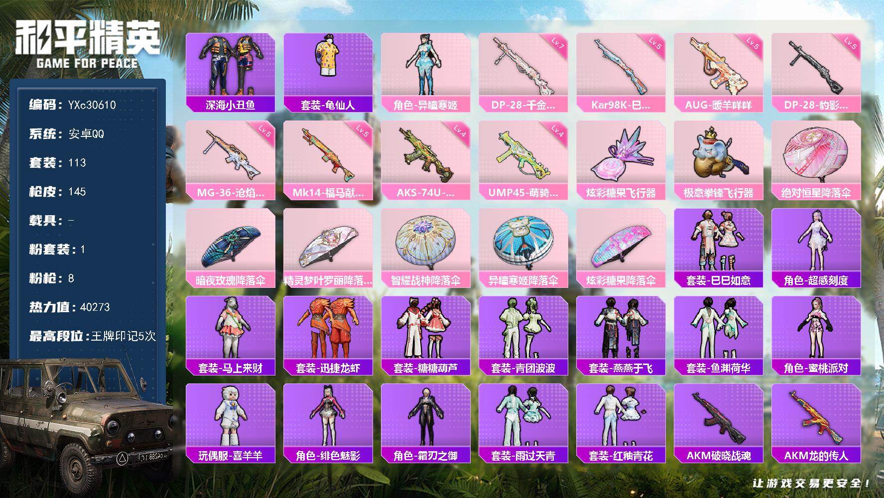 和平精英账号安卓QQ【双马尾 满地铁天赋】YXc30610-【可二次】【因赛季更新游戏段付以上号为准!】
 安卓Q-1粉装8特效枪6热门113套装145枪皮  5印记 历史传奇王牌14星 
【1粉装】 异瞳寒姬 
【8特