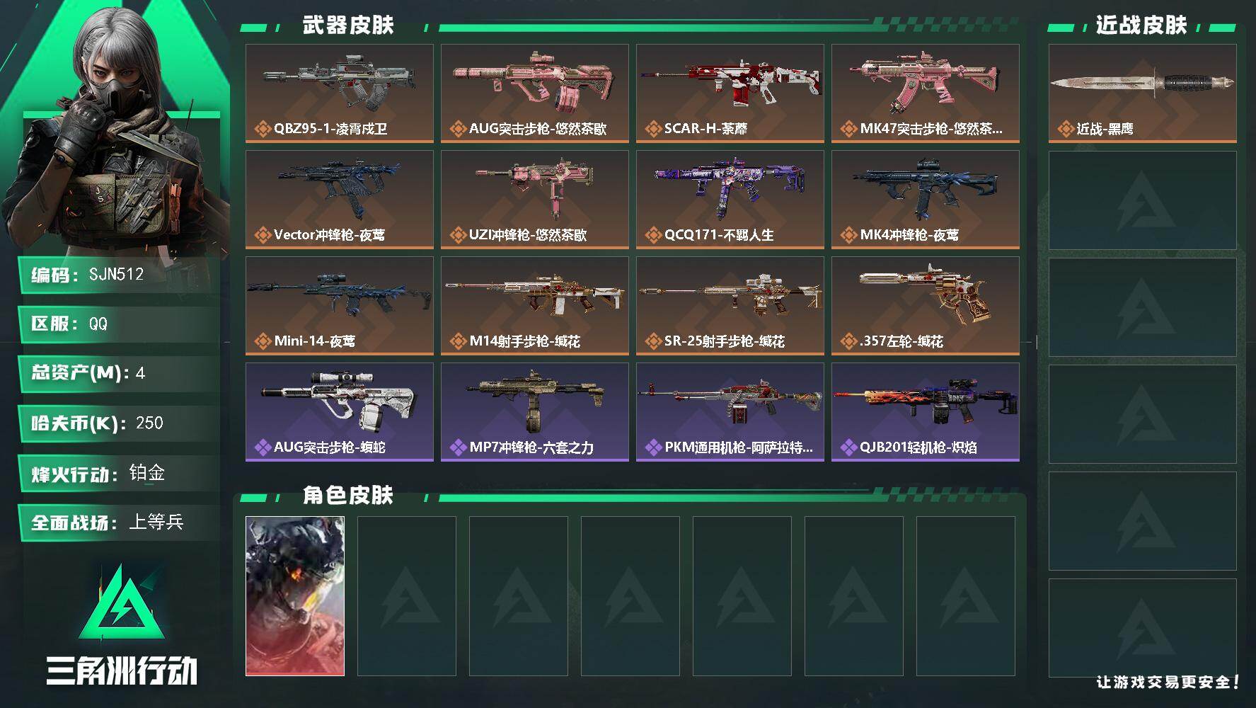 三角洲行动账号QQ【SJN512】总资产4M/哈夫币25万/传说枪皮数12/战场等级22/行动等级43/安全箱等时效性道具以游戏内数据为准，详情请看图/威龙-凌霄戍卫/近战-黑鹰/QBZ95-1突击步枪-凌霄戍卫/A