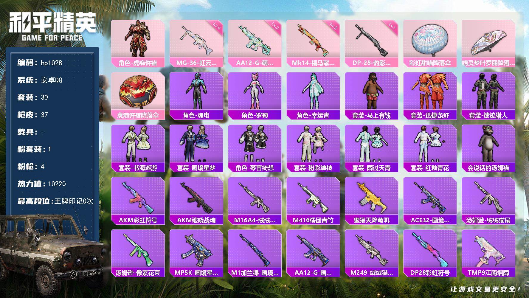 和平精英账号安卓QQ0载具-30套装-37枪皮-安卓 手Q-1粉装-4特效枪-0载具-0粉色飞行器-10220热力值-1王牌印记-30套装-37枪皮
【粉色套装】：角色-虎痴许褚
【粉色枪皮等级】：Mk14-福马献瑞(二