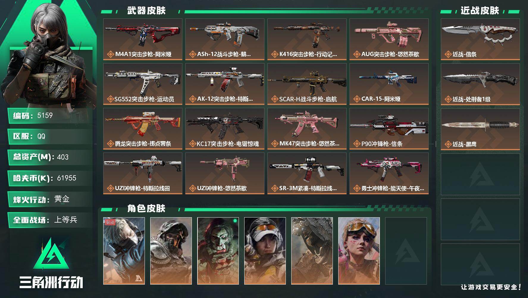 三角洲行动账号QQPX_2579022-403m总资产-61955k哈夫币-60烽火等级-黄金-39战场等级-上等兵
【干员外观】：蜂医-送葬人·无题密令，深蓝-不破誓约，红狼-电锯惊魂，露娜-金牌射手，乌鲁