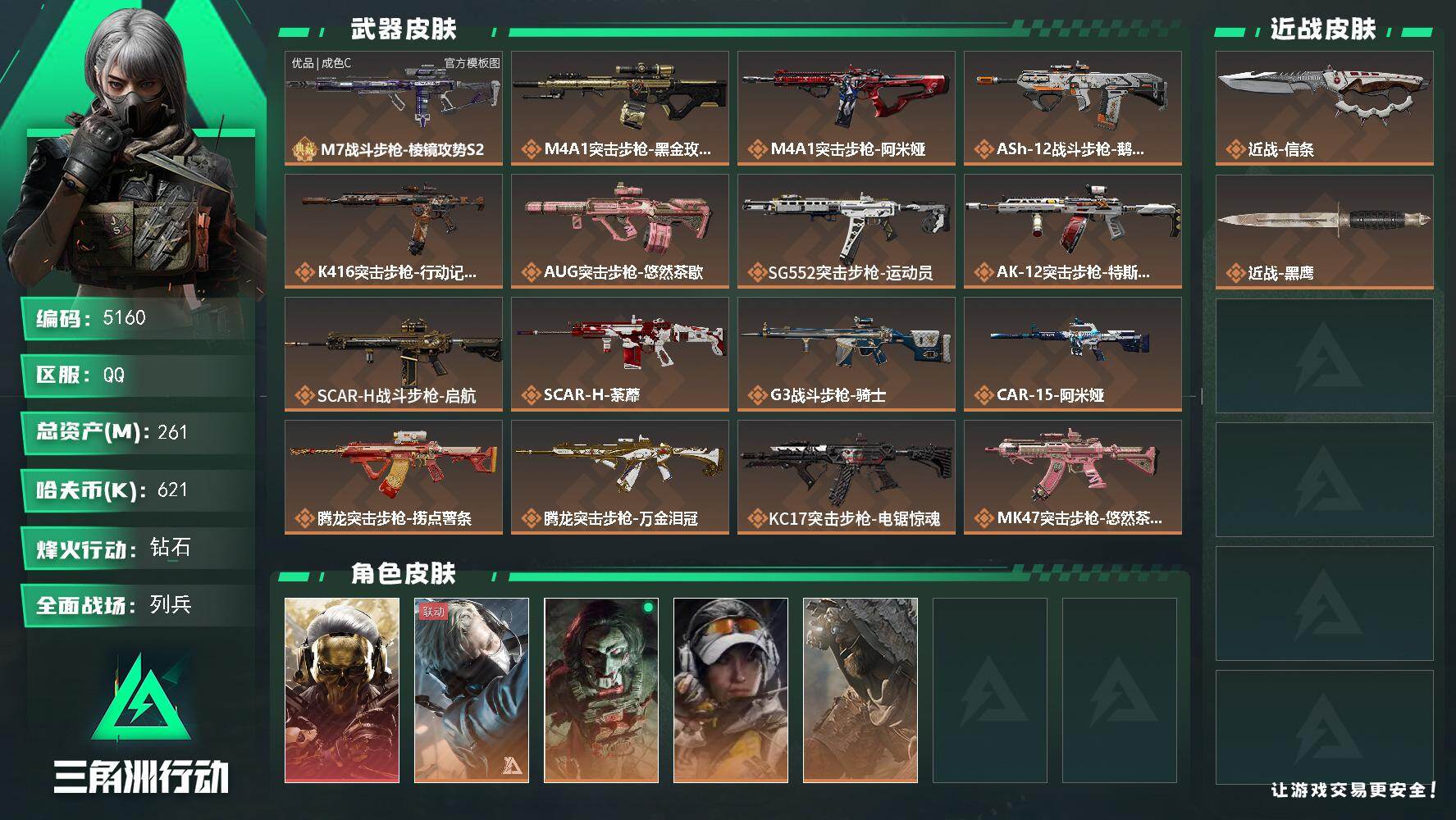 三角洲行动账号QQPX_2579032-261m总资产-621k哈夫币-60烽火等级-钻石-8战场等级-列兵
【干员外观】：红狼-蚀金玫瑰，蜂医-送葬人·无题密令，红狼-电锯惊魂，露娜-金牌射手，乌鲁鲁-荒原