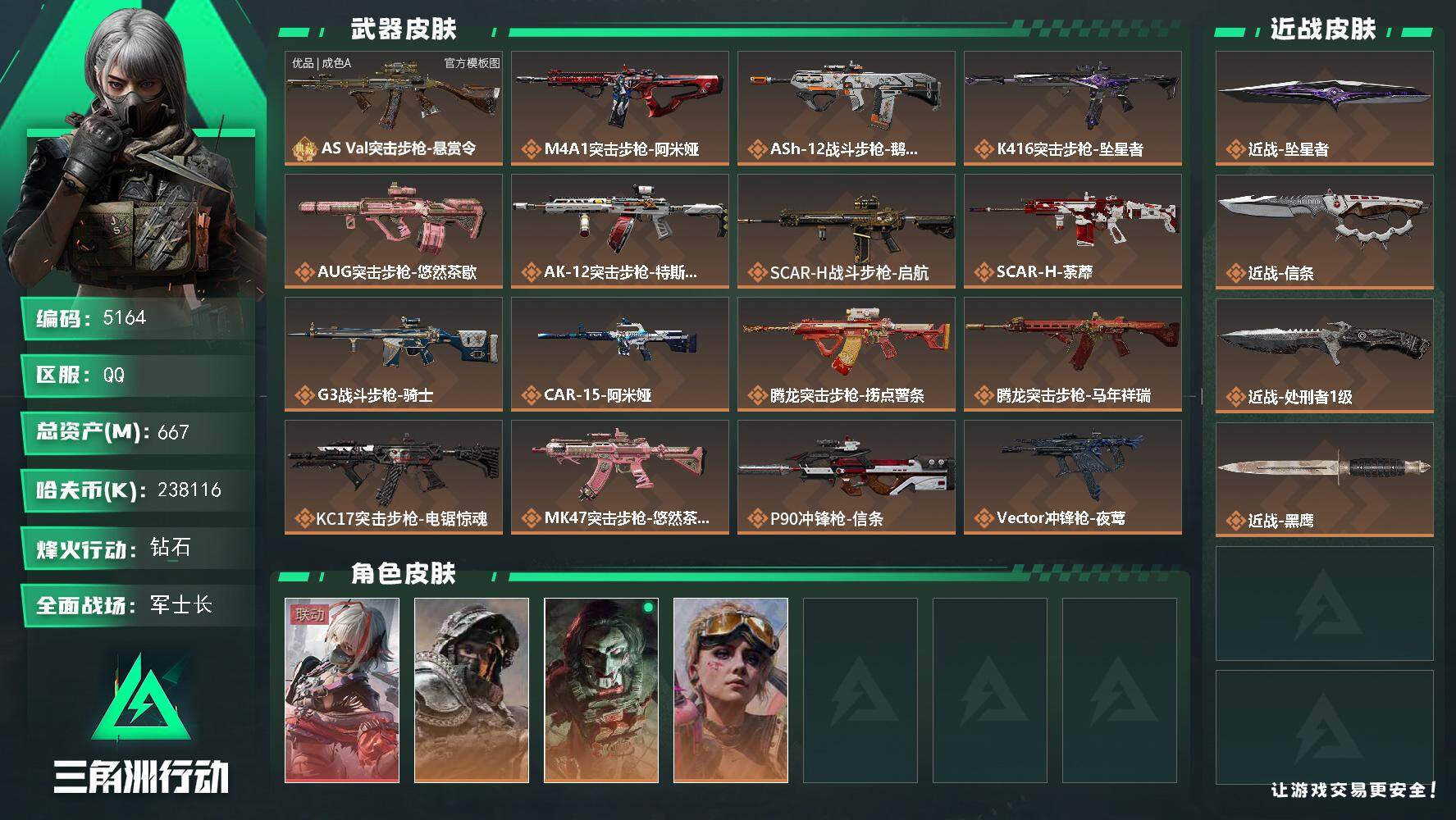 三角洲行动账号QQPX_2579041-667m总资产-238116k哈夫币-60烽火等级-钻石-50战场等级-军士长
【干员外观】：骇爪-维什戴尔，深蓝-不破誓约，红狼-电锯惊魂，蛊-不羁人生
【近战皮肤】