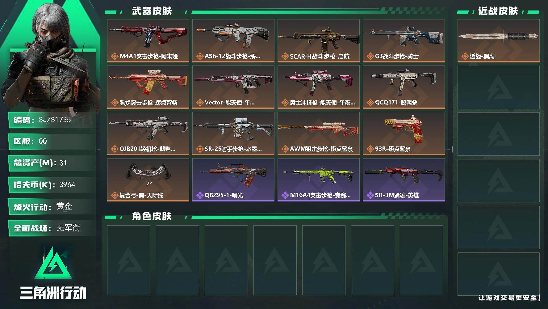 三角洲行动账号QQ【SJZS1735】总资产31M/哈夫币396万/传说枪皮数13/战场等级1/行动等级60/安全箱等时效性道具以游戏内数据为准，详情请看图/近战-黑鹰/M4A1突击步枪-阿米娅/ASh-12战斗步枪
