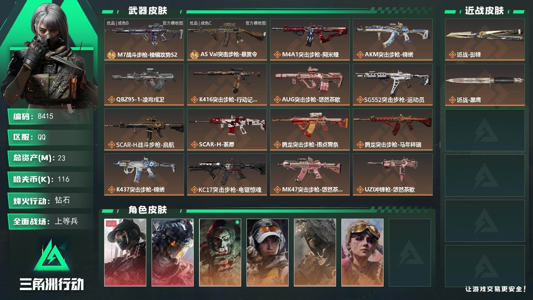 三角洲行动账号QQ总资产23M/哈夫币11万/传说近战数1/传说枪皮数30/战场等级17/行动等级60/安全箱等时效性道具以游戏内数据为准，详情请看图/露娜-黑·天际线/威龙-凌霄戍卫/红狼-电锯惊魂/露娜-金牌射手/