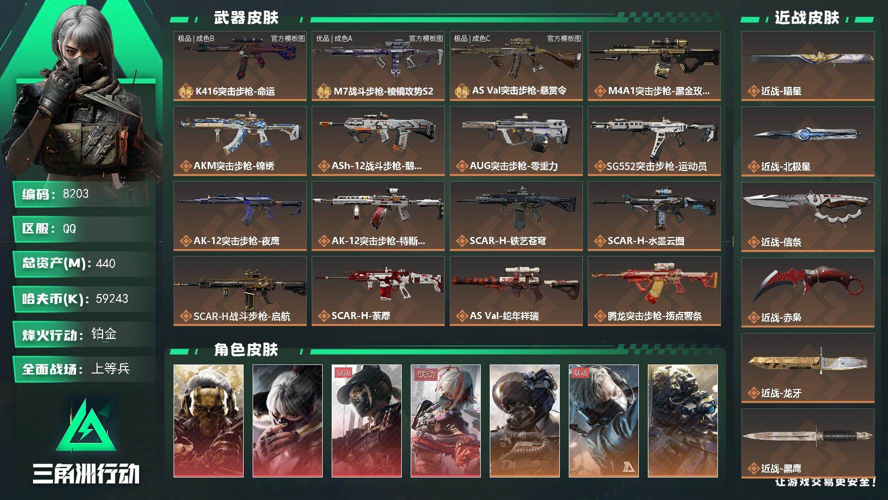 三角洲行动账号QQ总资产440M/哈夫币5924万/传说近战数1/传说枪皮数49/战场等级50/行动等级60/安全箱等时效性道具以游戏内数据为准，详情请看图/红狼-蚀金玫瑰/骇爪-水墨云图/露娜-黑·天际线/骇爪-维什