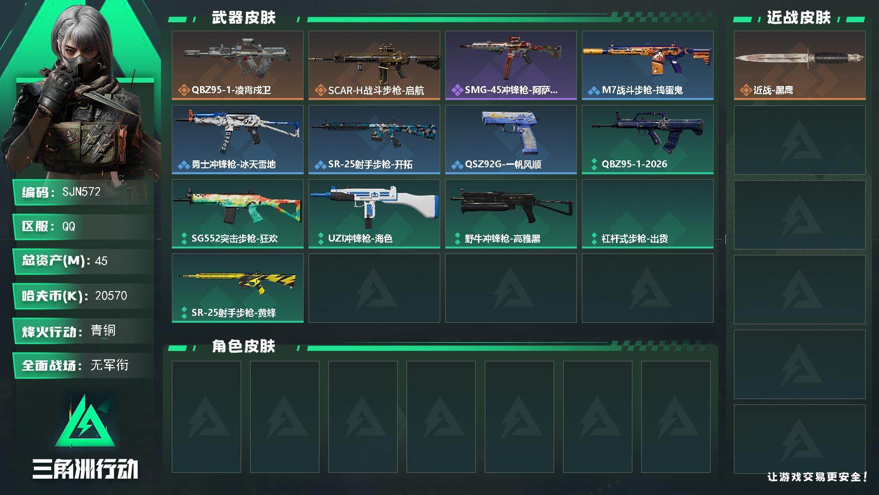 三角洲行动账号QQ【SJN572】总资产45M/哈夫币2057万/传说枪皮数2/战场等级1/行动等级26/安全箱等时效性道具以游戏内数据为准，详情请看图/近战-黑鹰/QBZ95-1突击步枪-凌霄戍卫/SCAR-H战斗