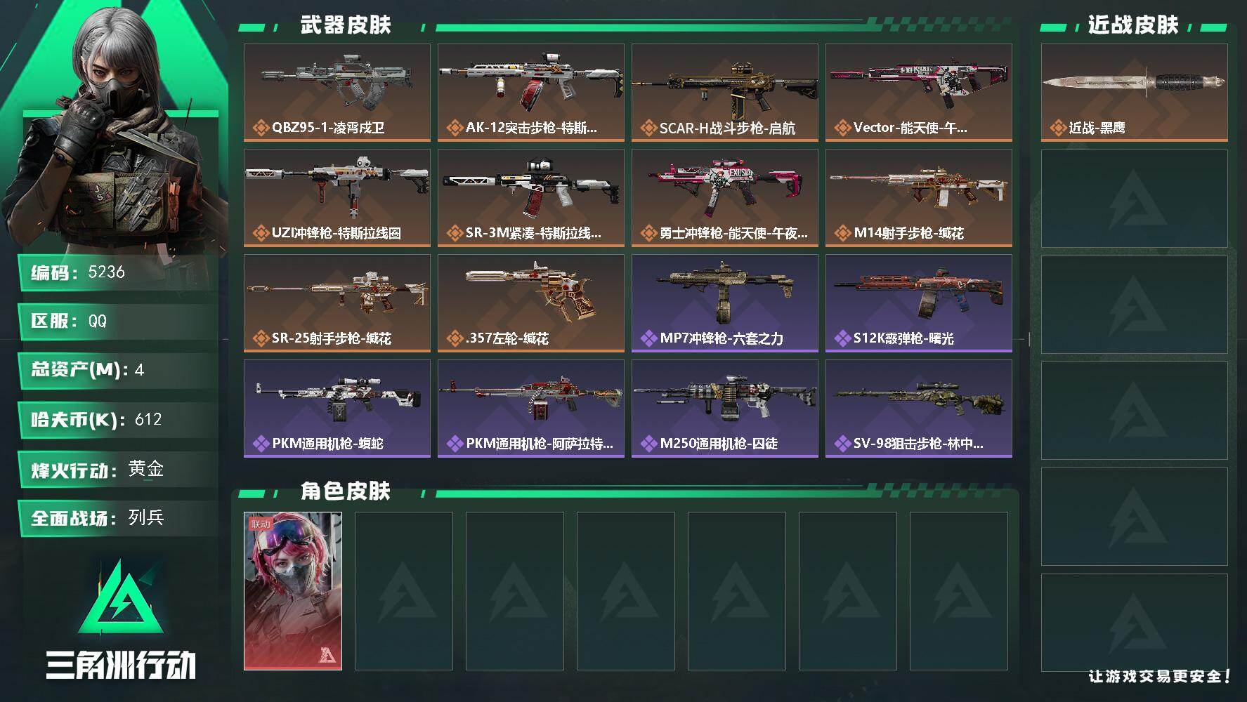 三角洲行动账号QQPX_2579836-4m总资产-612k哈夫币-43烽火等级-黄金-10战场等级-列兵
【干员外观】：蛊-能天使午夜邮差
【近战皮肤】：近战-黑鹰
【传说外观】：QBZ95-1突击步枪-凌