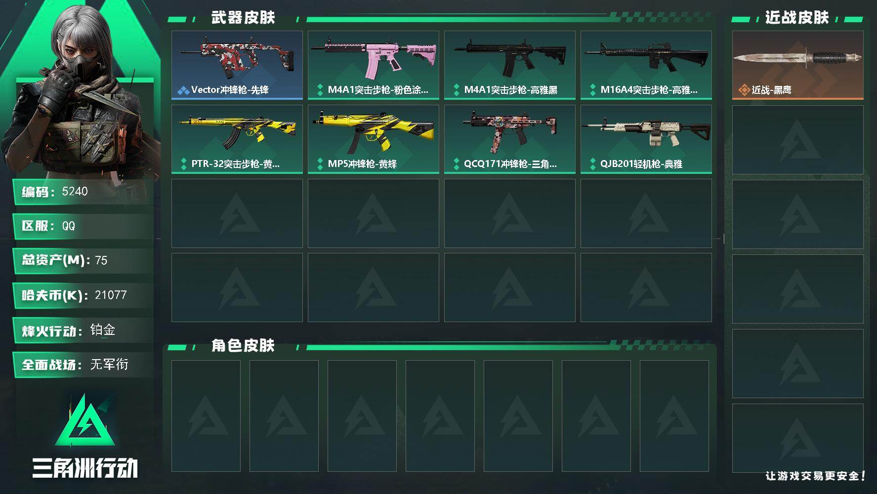 三角洲行动账号QQPX_2579874-75m总资产-21077k哈夫币-42烽火等级-铂金-1战场等级-无军衔
【近战皮肤】：近战-黑鹰
【稀有外观】：Vector冲锋枪-先锋
【普通外观】：M4A1突击步