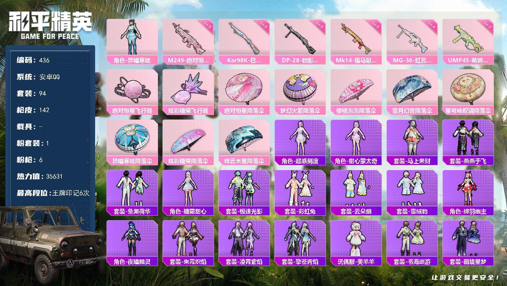 和平精英账号安卓QQ0载具-94套装-142枪皮-A1700安卓 手Q-1粉装-6特效枪-0载具-2粉色飞行器-35631热力值-6王牌印记-94套装-142枪皮
【粉色套装】：角色-异瞳寒姬
【粉色枪皮等级】：UMP4