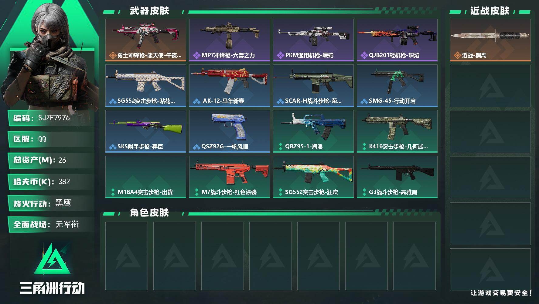 三角洲行动账号QQ【SJZF7976】总资产26M/哈夫币38万/传说枪皮数1/战场等级1/行动等级60/安全箱等时效性道具以游戏内数据为准，详情请看图/近战-黑鹰/勇士冲锋枪-能天使-午夜邮差/MP7冲锋枪-六套之