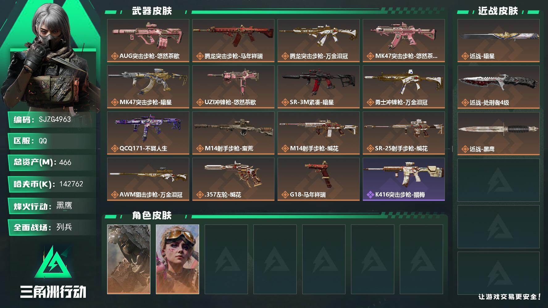 三角洲行动账号QQ【SJZG4963】总资产466M/哈夫币14276万/传说近战数1/传说枪皮数15/战场等级21/行动等级60/安全箱等时效性道具以游戏内数据为准，详情请看图/乌鲁鲁-荒原猎手/蛊-不羁人生/近战