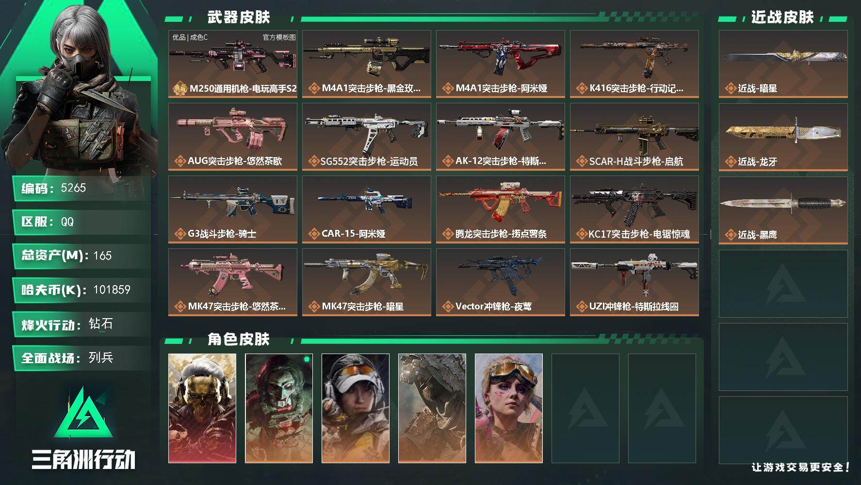 三角洲行动账号QQPX_2580631-165m总资产-101859k哈夫币-60烽火等级-钻石-23战场等级-列兵
【干员外观】：红狼-蚀金玫瑰，红狼-电锯惊魂，露娜-金牌射手，乌鲁鲁-荒原猎手，蛊-不羁人