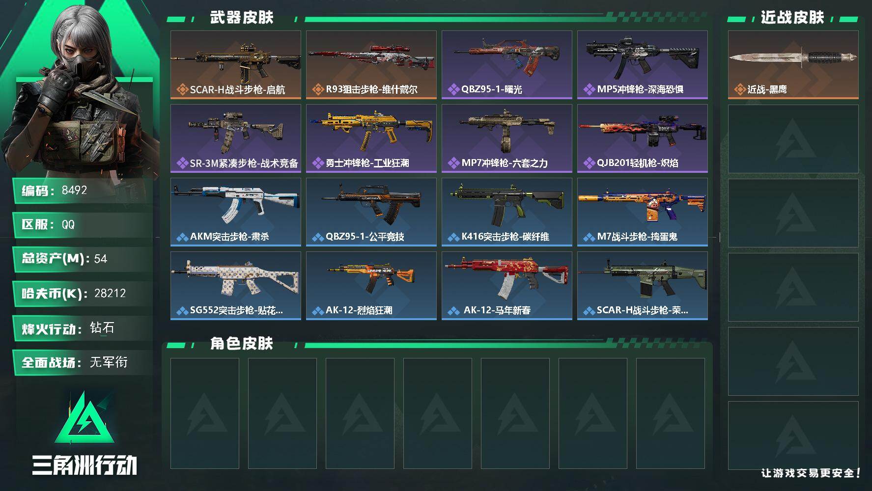 三角洲行动账号QQ总资产54M/哈夫币2821万/传说枪皮数2/战场等级1/行动等级60/安全箱等时效性道具以游戏内数据为准，详情请看图/近战-黑鹰/SCAR-H战斗步枪-启航/R93狙击步枪-维什戴尔/QBZ95-1