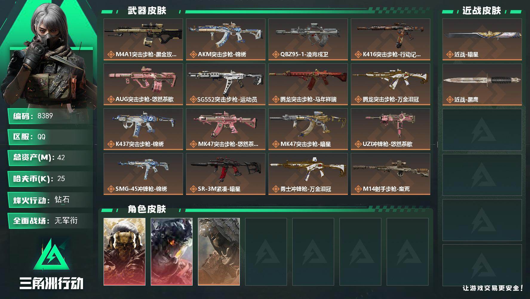 三角洲行动账号QQ总资产42M/哈夫币2万/传说近战数1/传说枪皮数21/战场等级1/行动等级60/安全箱等时效性道具以游戏内数据为准，详情请看图/红狼-蚀金玫瑰/威龙-凌霄戍卫/乌鲁鲁-荒原猎手/近战-暗星/近战-黑