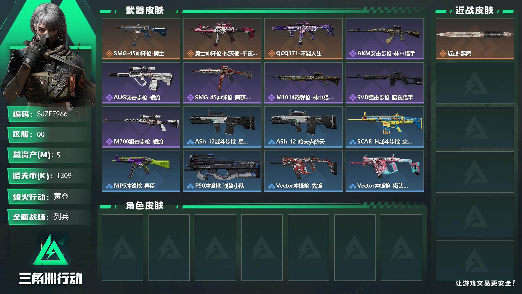 三角洲行动账号QQ【SJZF7966】总资产5M/哈夫币130万/传说枪皮数3/战场等级13/行动等级49/安全箱等时效性道具以游戏内数据为准，详情请看图/近战-黑鹰/SMG-45冲锋枪-骑士/勇士冲锋枪-能天使-午
