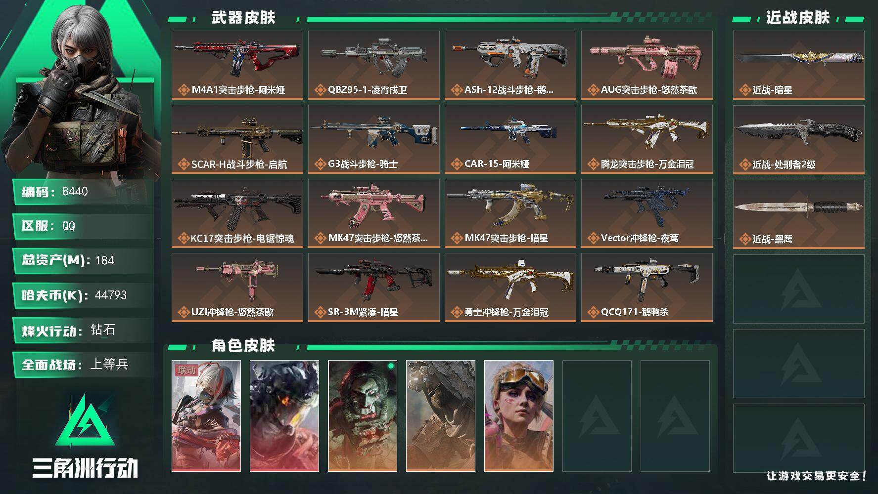 三角洲行动账号QQ总资产184M/哈夫币4479万/传说近战数1/传说枪皮数24/战场等级48/行动等级60/安全箱等时效性道具以游戏内数据为准，详情请看图/骇爪-维什戴尔/威龙-凌霄戍卫/红狼-电锯惊魂/乌鲁鲁-荒原