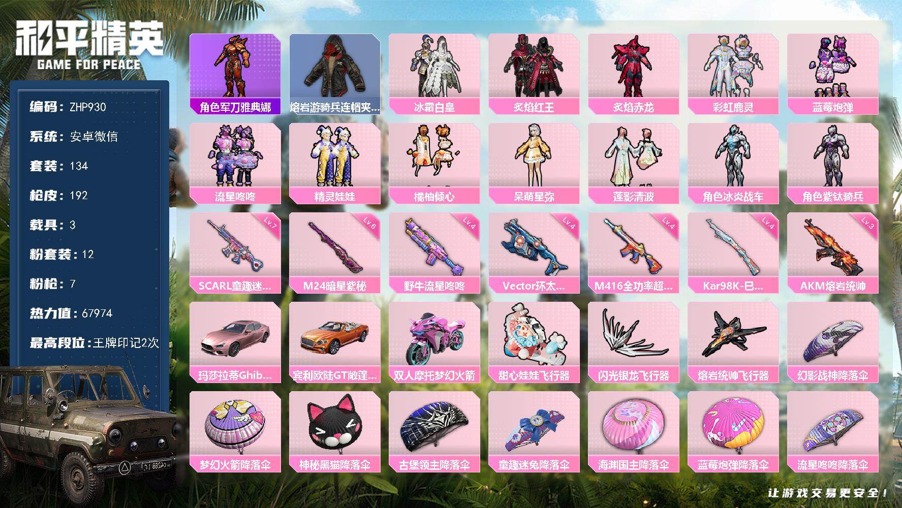 和平精英账号安卓微信微社交限制介意勿拍！双字id真旡！猫包！童趣头盔！安卓 微信-12粉装-7特效枪-3载具-3粉色飞行器-67974热力值-2王牌印记-134套装-192枪皮
【热门品类】：角色-军刀雅典娜，熔岩游骑