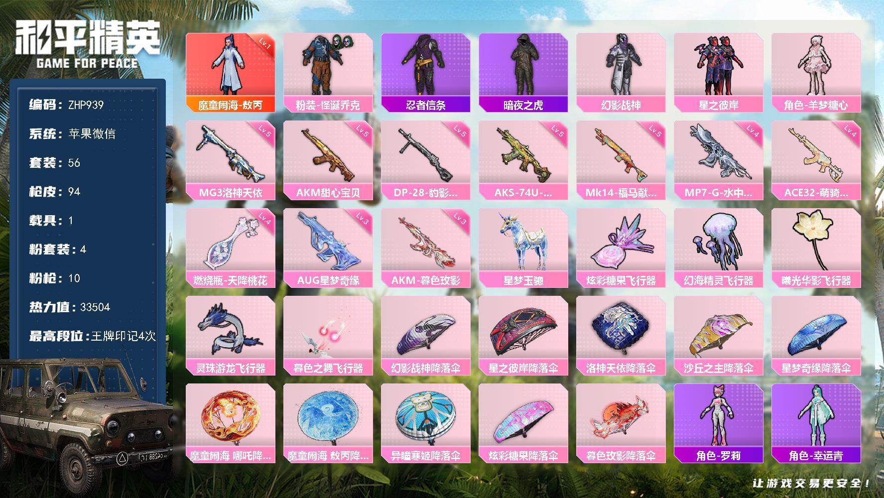 和平精英账号苹果微信1级敖丙怪诞乔克3级星梦暗夜之虎！ 苹果 微信-1神装-4粉装-10特效枪-1载具-6粉色飞行器-33504热力值-4王牌印记-56套装-94枪皮
【红色神装等级】：魔童闹海-敖丙(一级)
【红色角