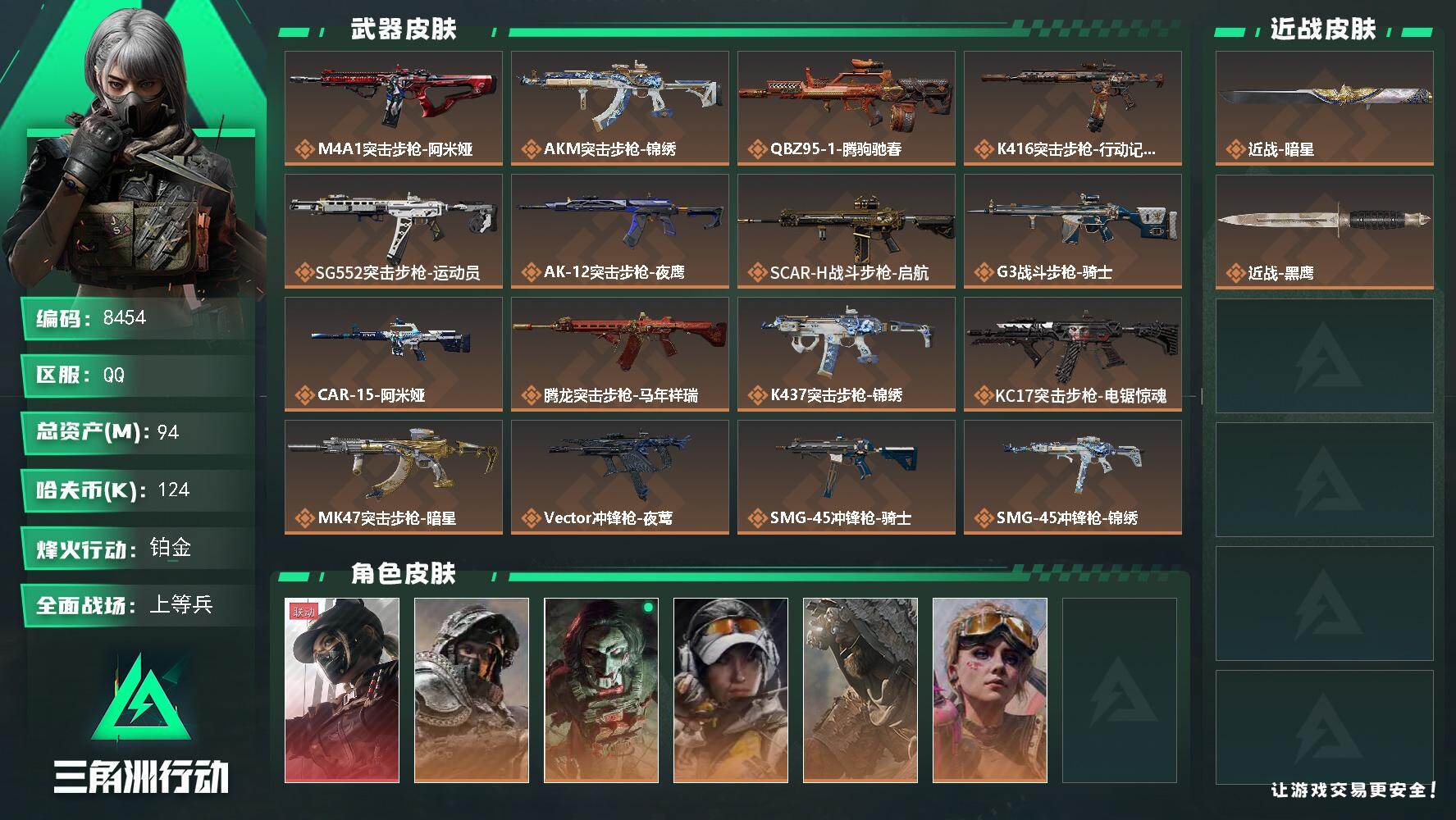 三角洲行动账号QQ总资产94M/哈夫币12万/传说近战数1/传说枪皮数30/战场等级38/行动等级60/安全箱等时效性道具以游戏内数据为准，详情请看图/露娜-黑·天际线/深蓝-不破誓约/红狼-电锯惊魂/露娜-金牌射手/