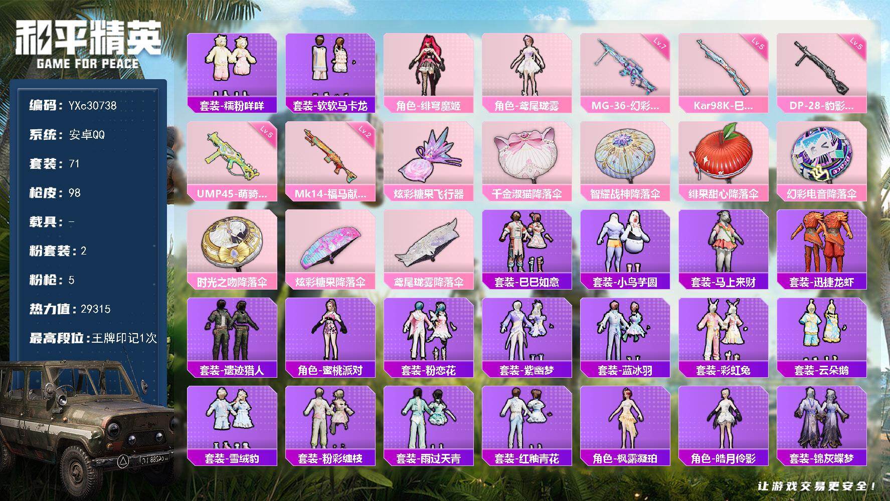 和平精英账号安卓QQ【马卡龙 咩咩】YXc30738-【可二次】【因赛季更新游戏段付以上号为准!】
 安卓Q-2粉装5特效枪4热门71套装98枪皮 1印记 历史超级王牌1星 
【2粉装】 绯穹魔姬 鸢尾珑雾 
【5特效枪