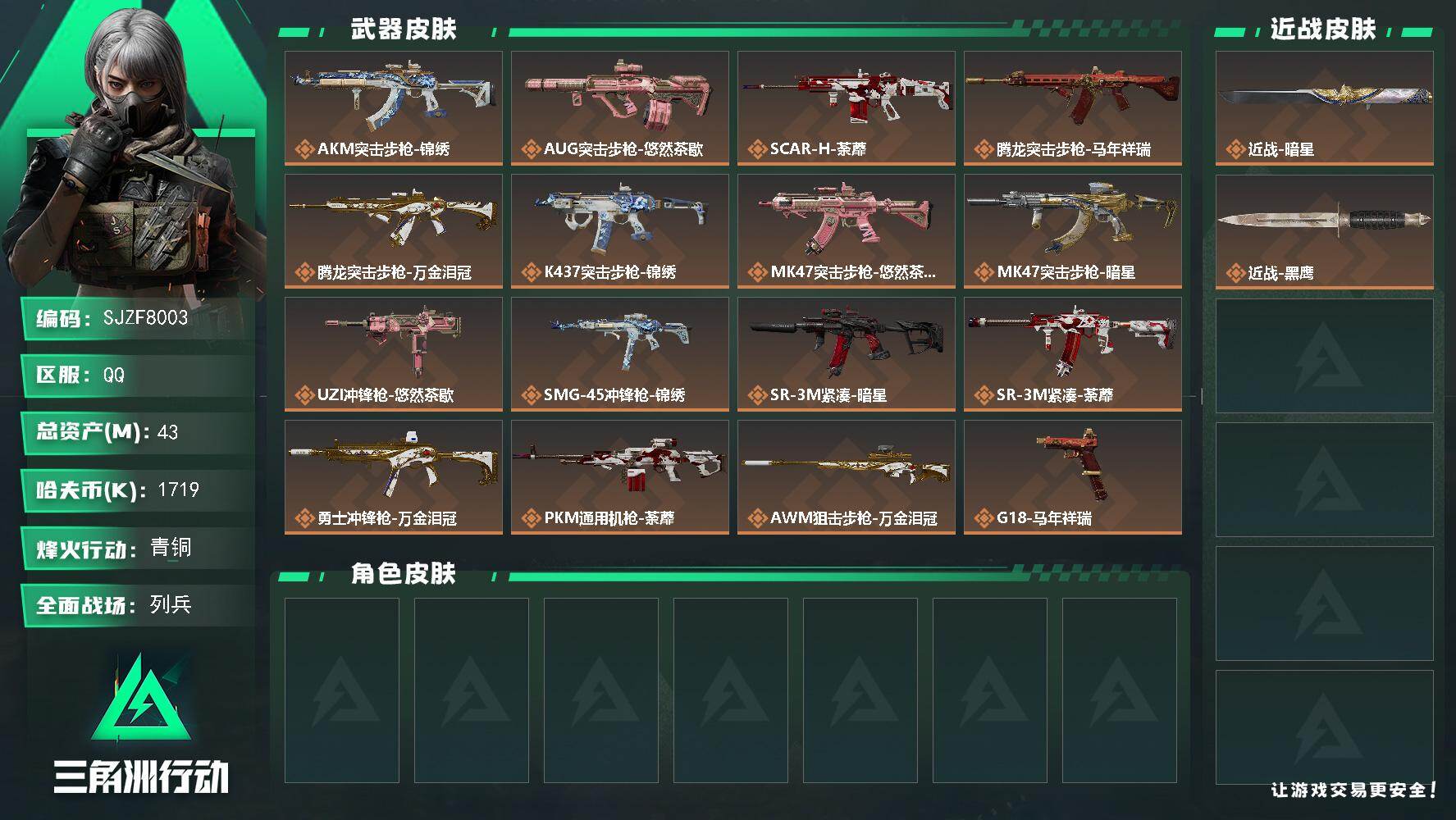 三角洲行动账号QQ【SJZF8003】总资产43M/哈夫币171万/传说近战数1/传说枪皮数16/战场等级7/行动等级58/安全箱等时效性道具以游戏内数据为准，详情请看图/近战-暗星/近战-黑鹰/AKM突击步枪-锦绣