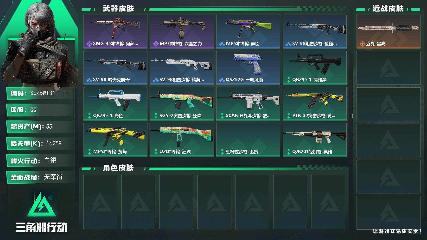 三角洲行动账号QQ【SJZBW131】总资产55M/哈夫币1625万/战场等级1/行动等级38/安全箱等时效性道具以游戏内数据为准，详情请看图/近战-黑鹰/SMG-45冲锋枪-阿萨拉特攻/MP7冲锋枪-六套之力/MP