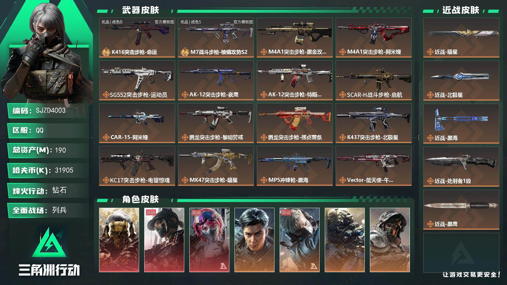 三角洲行动账号QQ【SJZD4003】总资产190M/哈夫币3190万/传说近战数1/传说枪皮数35/战场等级24/行动等级60/安全箱等时效性道具以游戏内数据为准，详情请看图/红狼-蚀金玫瑰/露娜-黑·天际线/蛊-