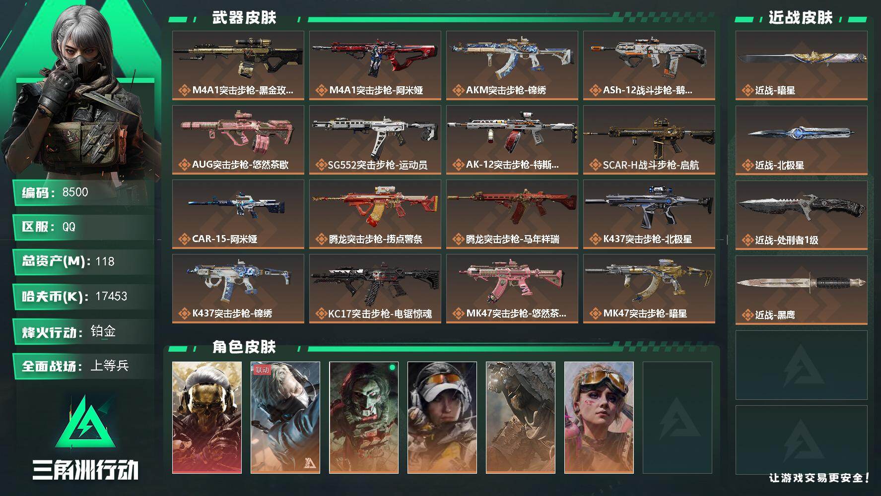 三角洲行动账号QQ总资产118M/哈夫币1745万/传说近战数1/传说枪皮数35/战场等级42/行动等级60/安全箱等时效性道具以游戏内数据为准，详情请看图/红狼-蚀金玫瑰/蜂医-送葬人·无题密令/红狼-电锯惊魂/露娜