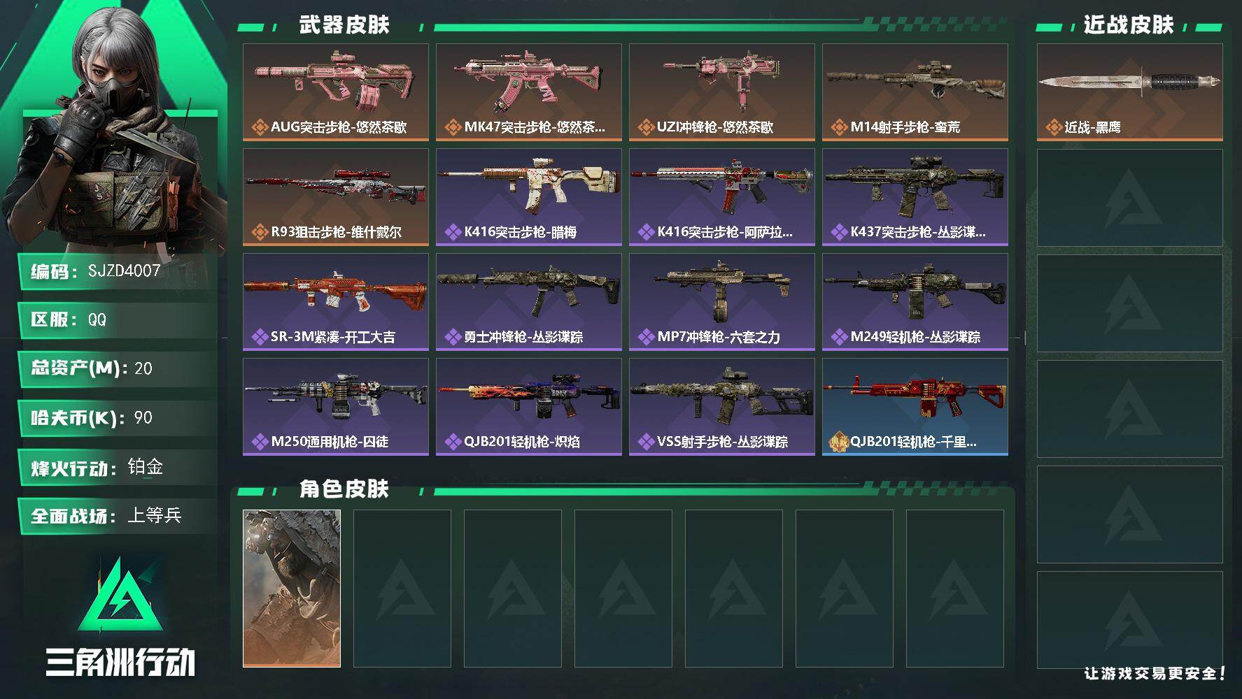 三角洲行动账号QQ【SJZD4007】总资产20M/哈夫币9万/传说枪皮数5/战场等级17/行动等级60/安全箱等时效性道具以游戏内数据为准，详情请看图/乌鲁鲁-荒原猎手/近战-黑鹰/AUG突击步枪-悠然茶歇/MK4