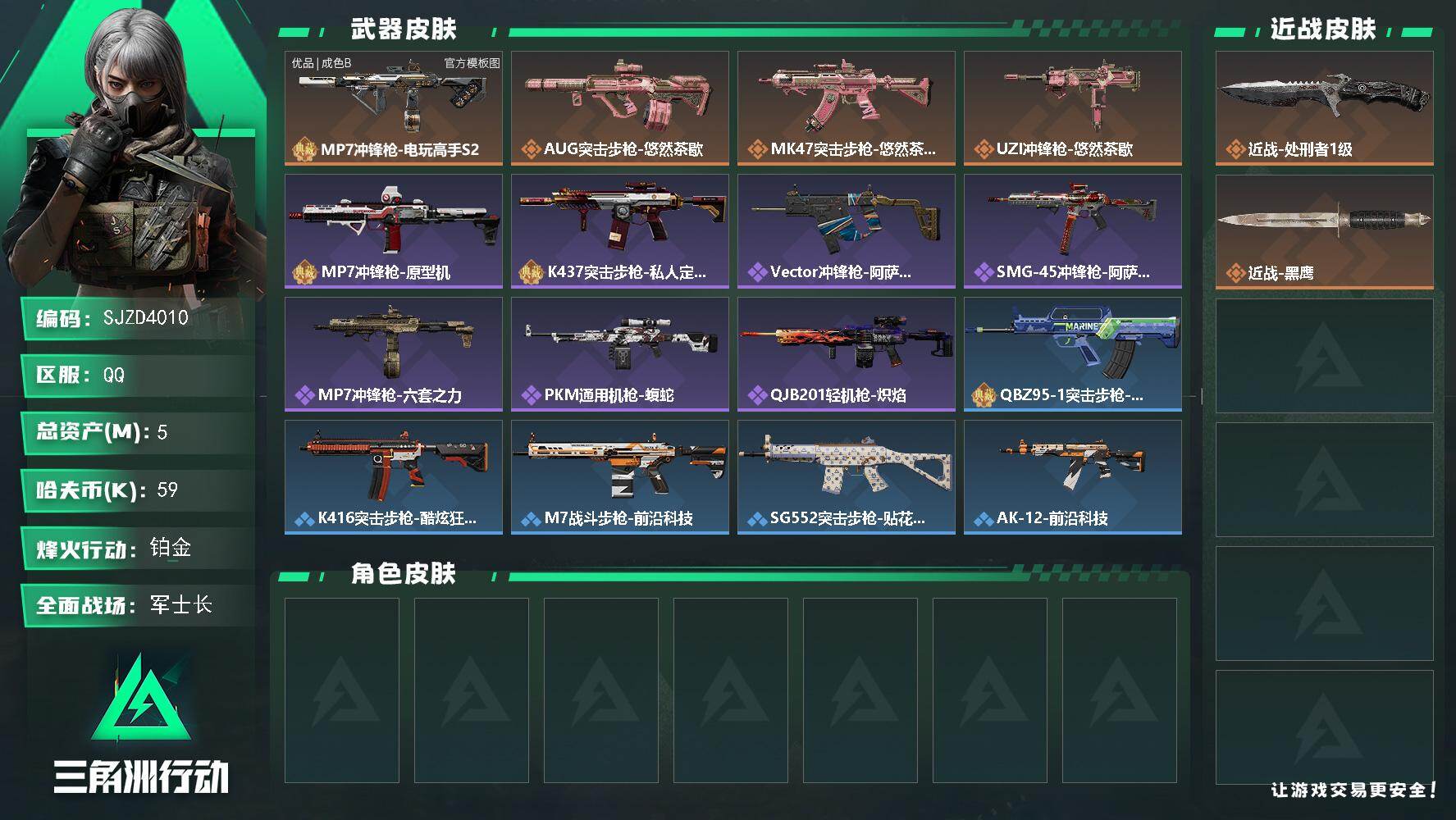 三角洲行动账号QQ【SJZD4010】总资产5M/哈夫币5万/传说近战数1/传说枪皮数4/战场等级33/行动等级38/安全箱等时效性道具以游戏内数据为准，详情请看图/近战-处刑者1级/近战-黑鹰/MP7冲锋枪-电玩高