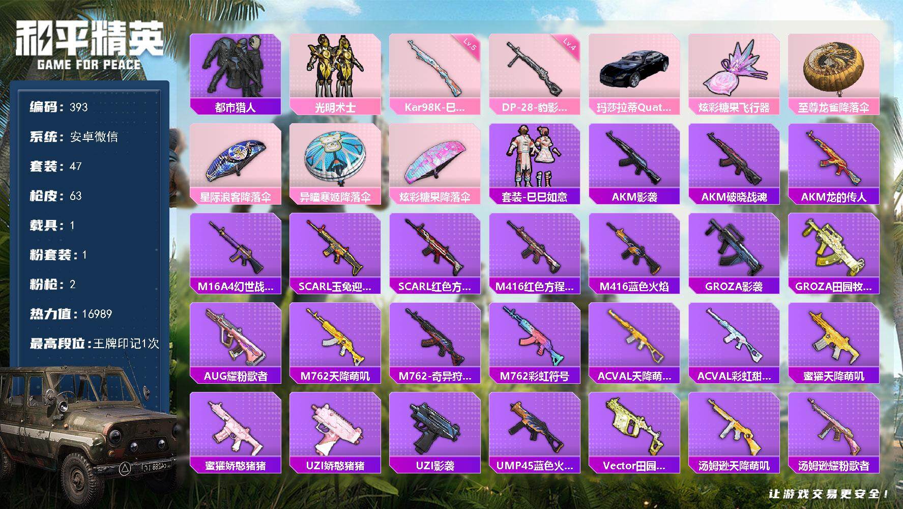 和平精英账号安卓微信HJ6818 可二 46级 1载具1粉装2特效枪47套装63枪皮  1印记  【1稀有】 都市猎人 【1载具】 玛莎拉蒂Q蓝色 【1粉装】 光明术士 【2特效枪】 Kar98K-巳巳如意 (5级) D