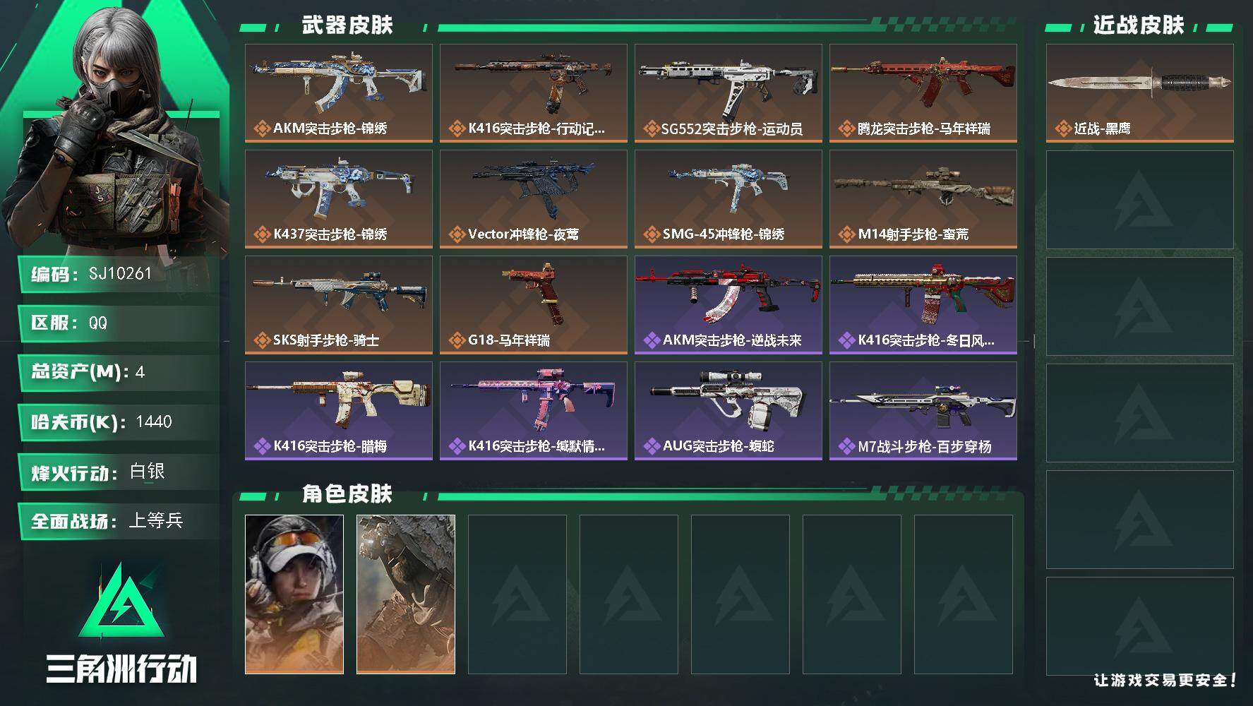 三角洲行动账号QQ【SJ10261】总资产4M/哈夫币144万/传说枪皮数10/战场等级27/行动等级50/安全箱等时效性道具以游戏内数据为准，详情请看图/露娜-金牌射手/乌鲁鲁-荒原猎手/近战-黑鹰/AKM突击步枪