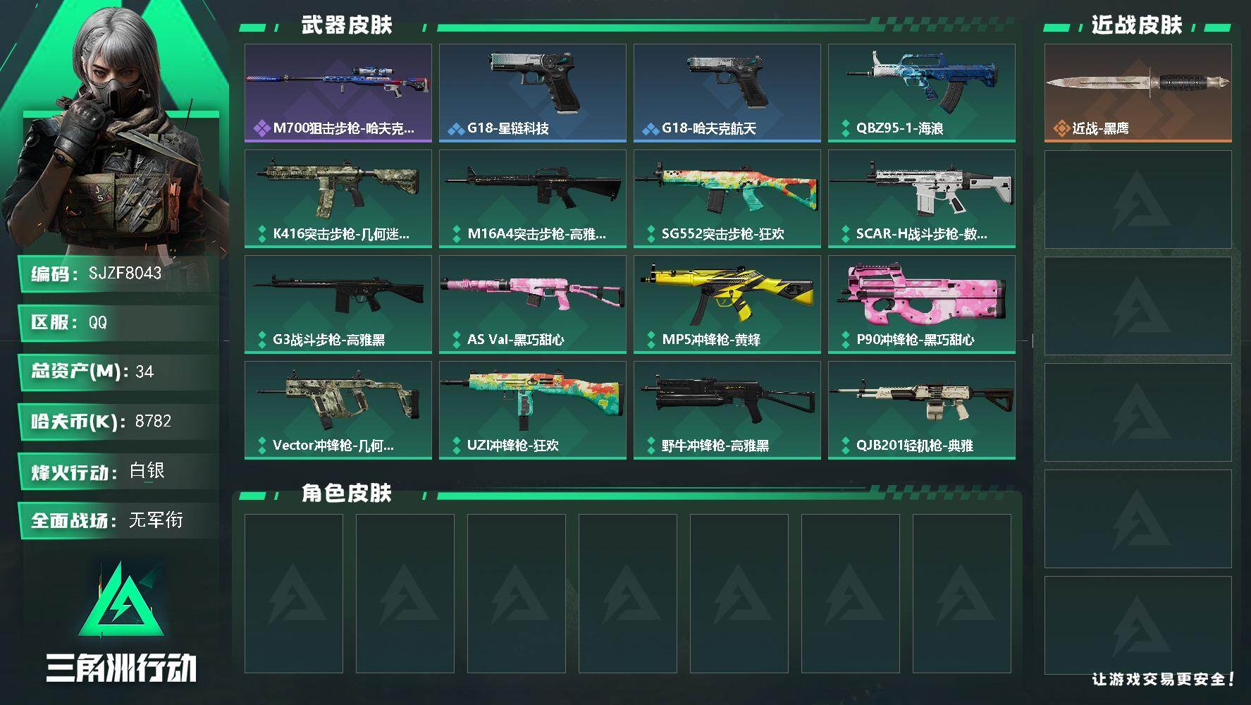 三角洲行动账号QQ【SJZF8043】总资产34M/哈夫币878万/战场等级1/行动等级37/安全箱等时效性道具以游戏内数据为准，详情请看图/近战-黑鹰/M700狙击步枪-哈夫克警备/G18-星链科技/G18-哈夫克