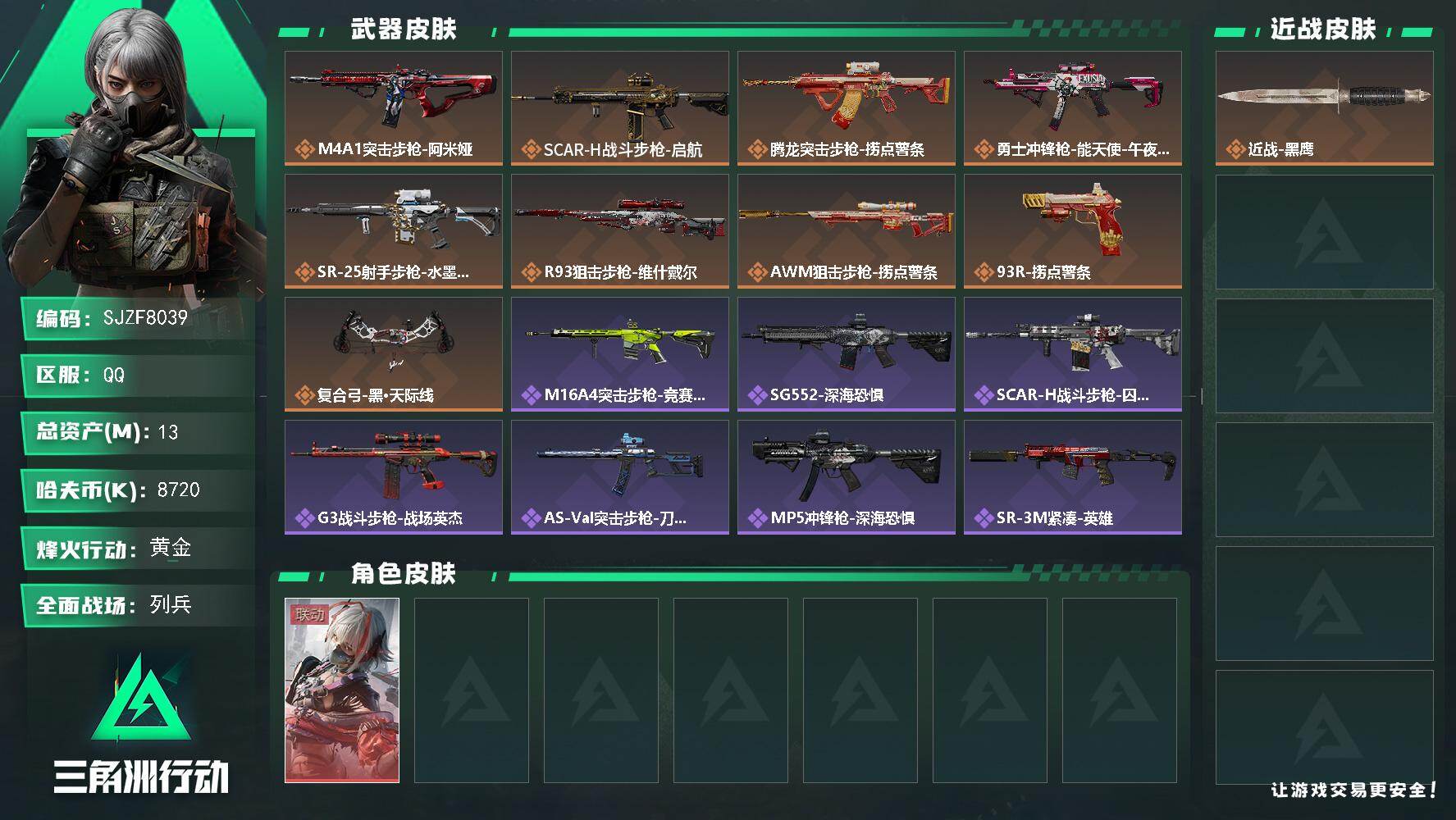 三角洲行动账号QQ【SJZF8039】总资产13M/哈夫币872万/传说枪皮数9/战场等级11/行动等级60/安全箱等时效性道具以游戏内数据为准，详情请看图/骇爪-维什戴尔/近战-黑鹰/M4A1突击步枪-阿米娅/SC