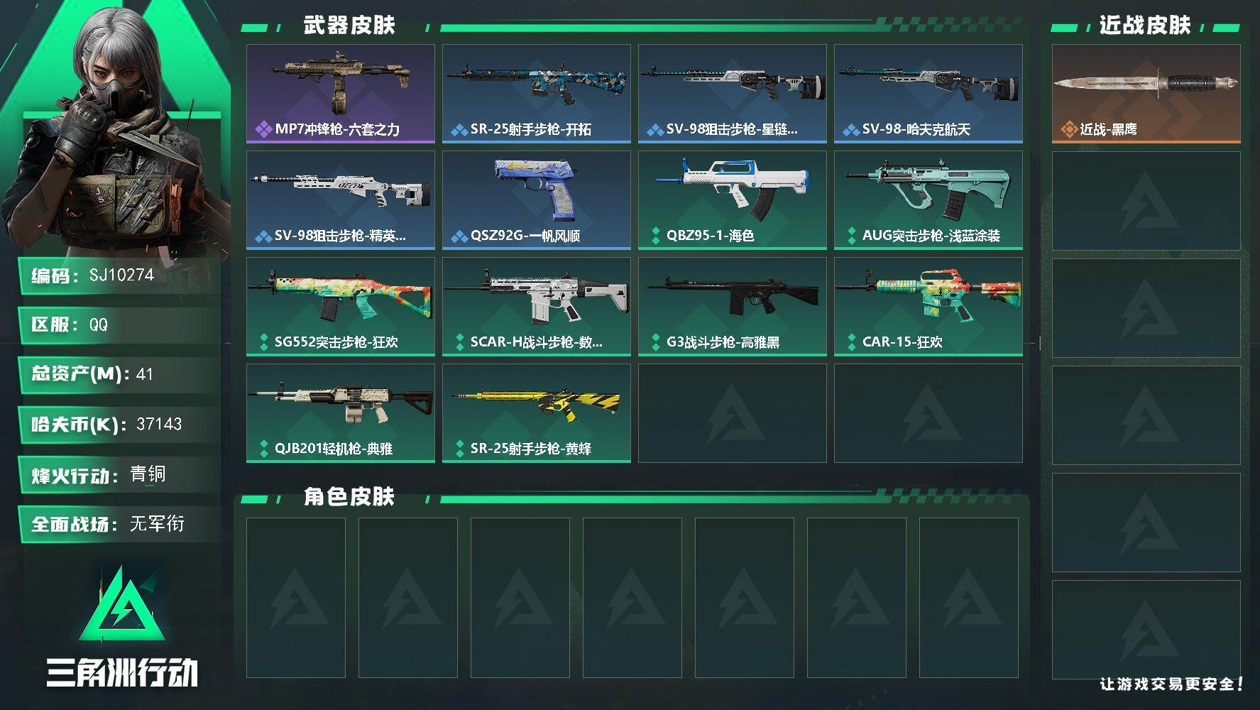 三角洲行动账号QQ【SJ10274】总资产41M/哈夫币3714万/战场等级1/行动等级22/安全箱等时效性道具以游戏内数据为准，详情请看图/近战-黑鹰/MP7冲锋枪-六套之力/SR-25射手步枪-开拓/SV-98狙